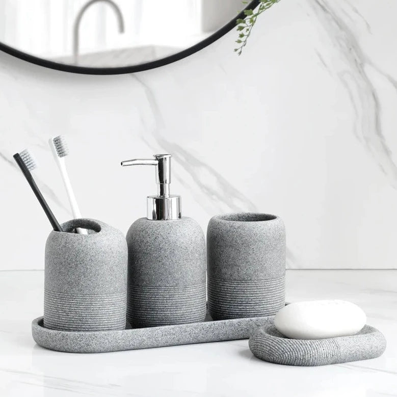 Premium Naya Stone Bathroom Accessory Set - Modern Soap Dispenser, Toothbrush Holder & Tumbler | Water-Resistant & Stylish for Bathroom, Spa & Luxury Home Decor