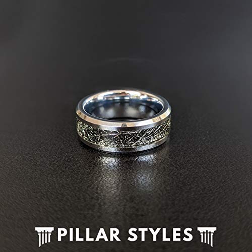 Black Tungsten Carbide Meteorite Ring for Men - 8mm Polished Silver Wedding Band with Beveled Edges & Comfort Fit - Unique Anniversary Gift for Him - Perfect for Weddings, Engagements & Special Occasions