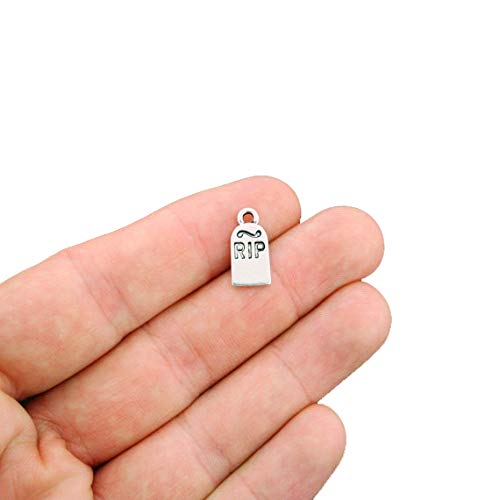 BULK 50 Antique Silver Tone Tombstone RIP Charms - SC5823 | Perfect for Jewelry Making, DIY Crafts, Scrapbooking, and Halloween Decorations