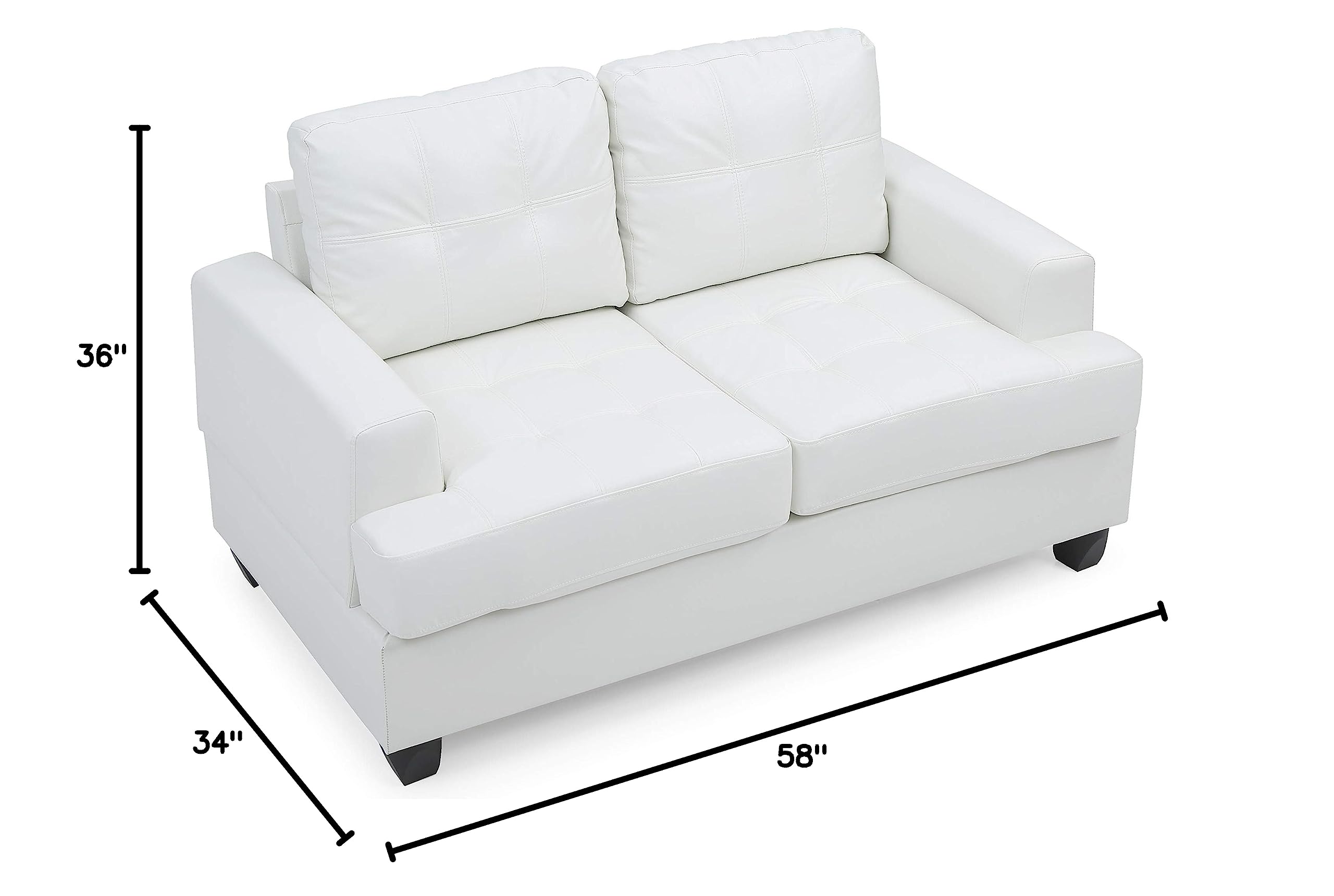 Glory Furniture Modern Upholstered Love Seat Sofa - White PU Leather 2-Seater Couch for Living Room, Lounge & Small Spaces