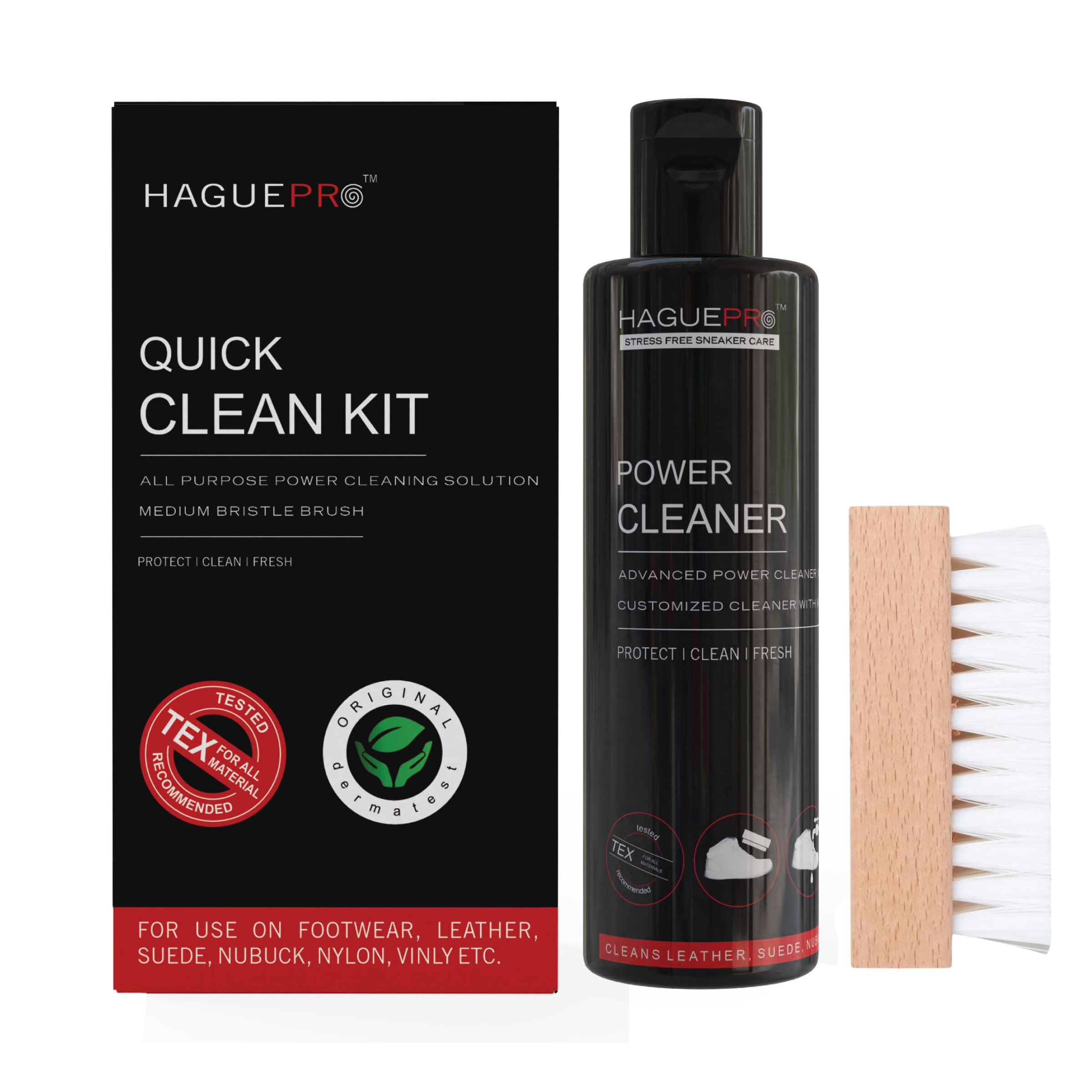 HaguePr Signature Sneaker Cleaning Kit - Premium Shoe Cleaner for White Sneakers, Nubuck, Canvas, Trainers & Sports Shoes | Includes Cleaning Solution, Medium Brush, Eraser & Microfiber Towel | Perfect for Gym Shoes, Casual Wear & Sneaker Care
