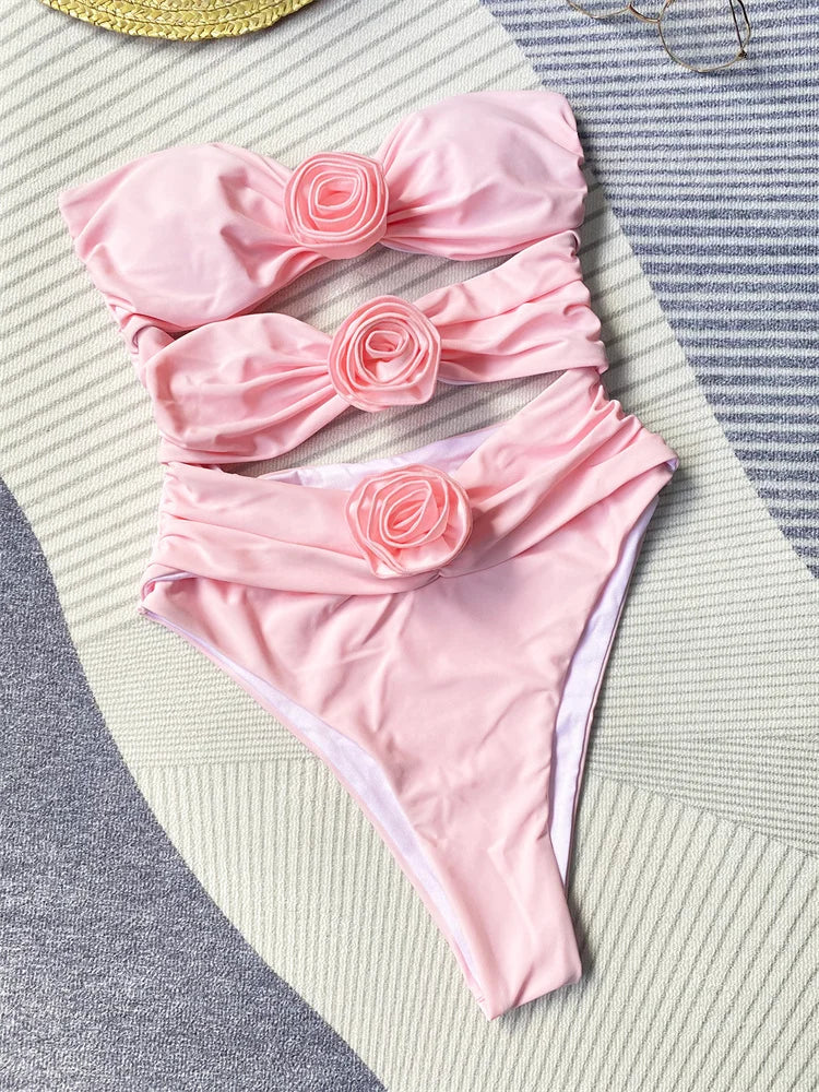 Sexy 3D Flower Bandeau One Piece Swimsuit for Women - High Waist Monokini with Cut Out Design | 2024 Trendy Swimwear for Beach, Pool & Vacation