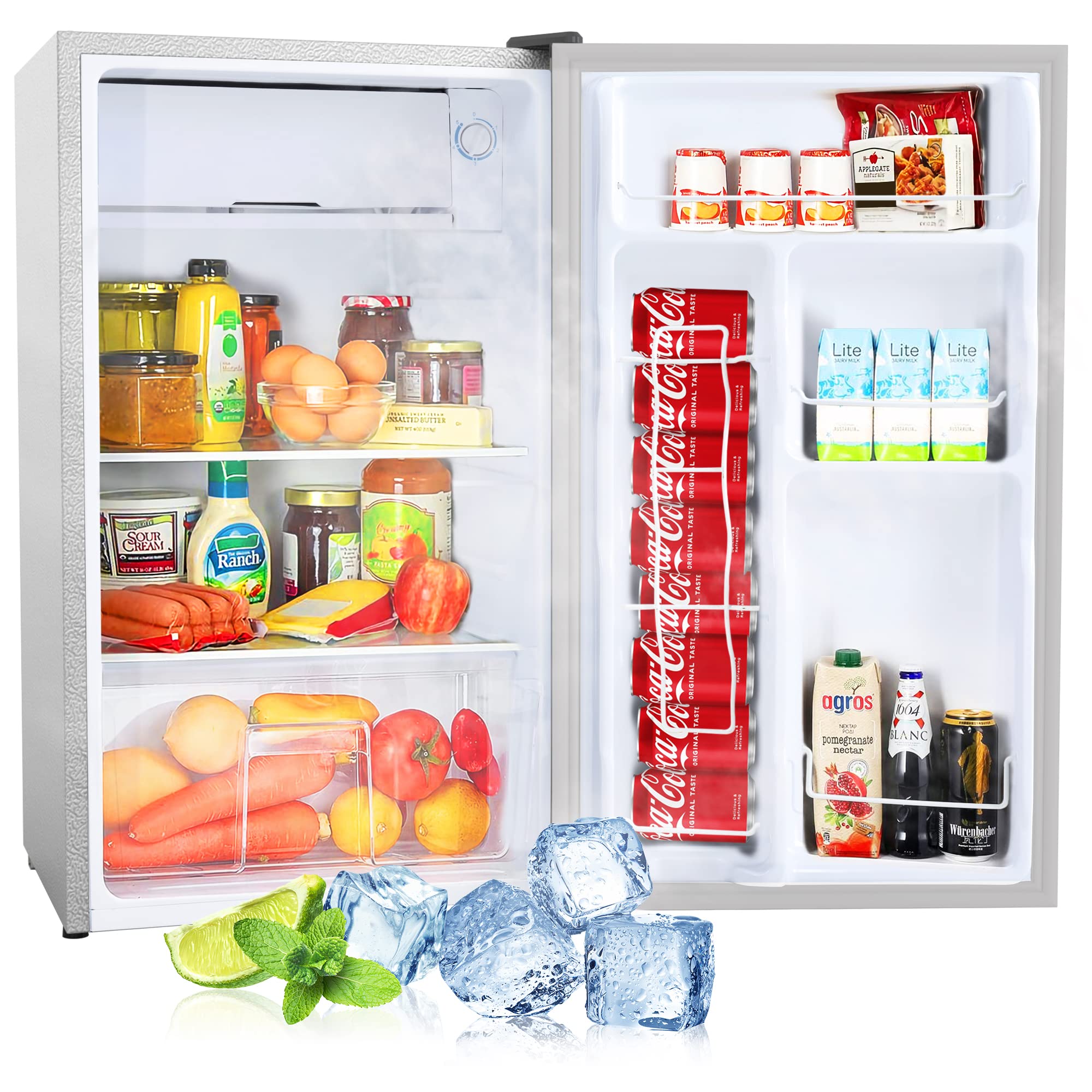 3.2 Cu.ft Compact Refrigerator with Freezer - Mini Fridge with Reversible Door & 5 Temperature Settings - Perfect for Kitchen, Bedroom, Dorm, Apartment, Bar, Office, RV - Ideal for Small Spaces & Energy-Efficient Cooling