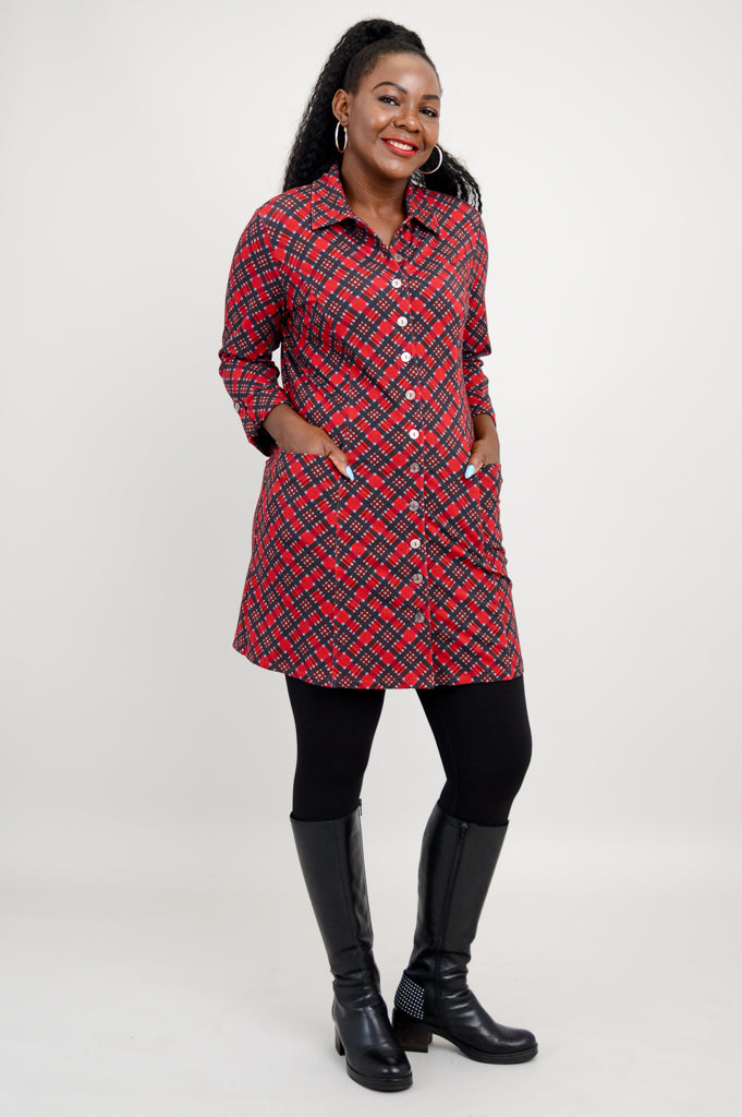 Charlie Tunic - Cherry Plaid Bamboo V-Neck Top | Women's Casual Blouse for Work & Weekend | Breathable & Comfortable Summer Outfit