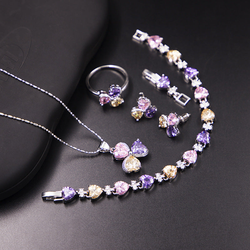 Clover Zircon Diamond Jewelry Set for Women - Elegant Necklace, Earrings & Bracelet Gift Set - Perfect for Weddings, Parties & Special Occasions