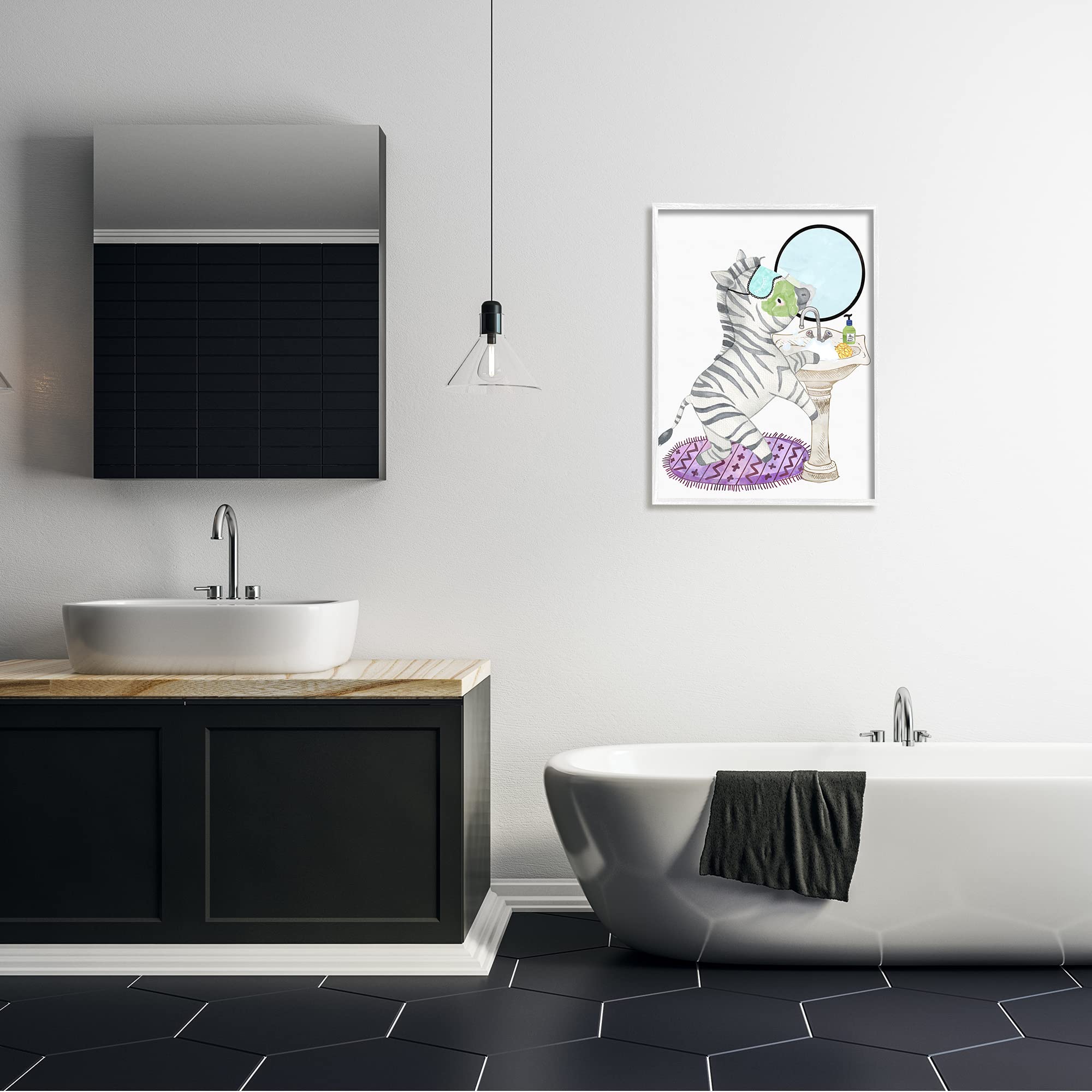 Stupell Industries Kids' Zebra Washing Sink Bubble Bath Wall Art - 24x30 Inch Black Framed Canvas for Children's Bathroom Decor & Nursery