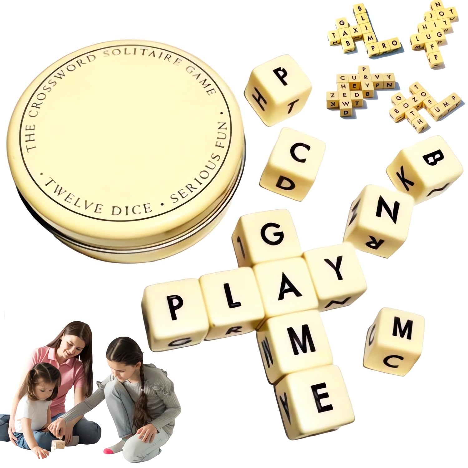 Q-Less Word Dice Game - Set of 12 Engraved 6-Sided Dice for Adults & Kids - Fun Crossword Solitaire, Spelling & Thinking Game - Perfect for Travel, Camping & Family Game Nights