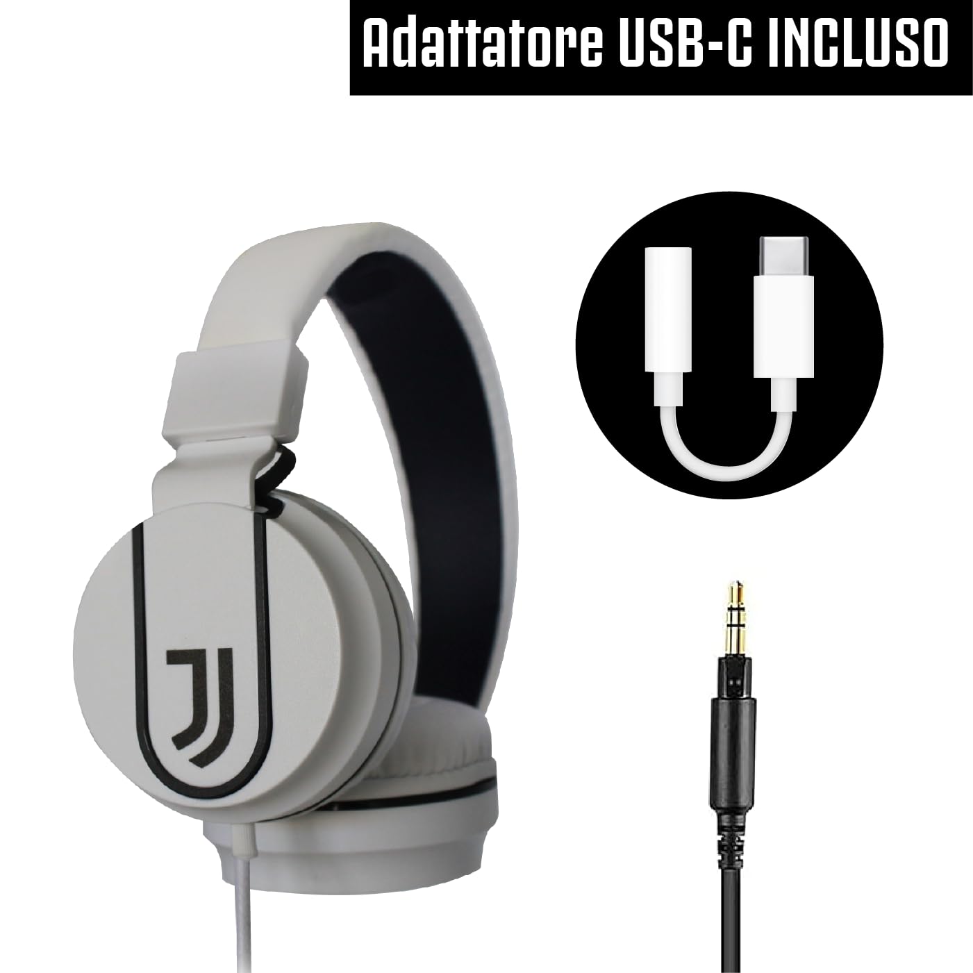 Official Juventus FC Gaming Headset with Built-in Microphone - On-Ear Headphones with 3.5mm AUX Cable & USB-C Adapter - White/Black - Perfect for Gaming, Streaming & Online Classes
