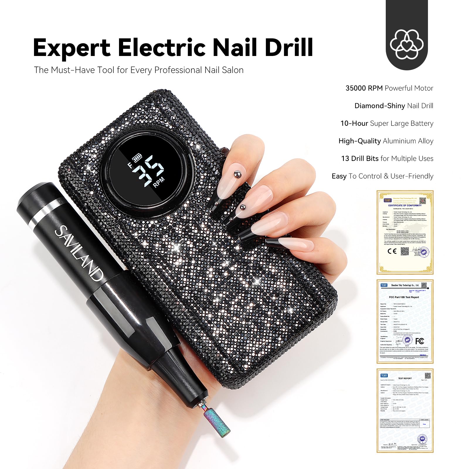 SAVILAND Professional Nail Drill Machine 40000RPM - Portable Electric Nail File for Acrylic Nails Removal, Manicure & Pedicure | Long Battery Life, Fast & Precise | Perfect for Home Nail Salon & DIY Nail Art