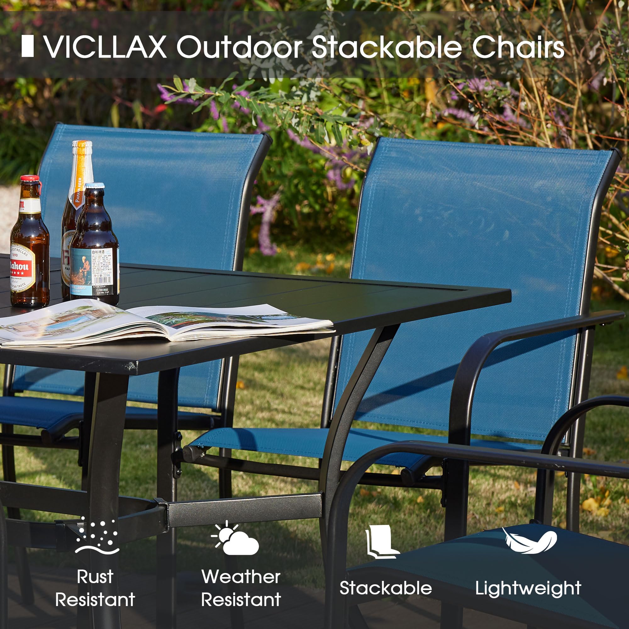VICLLAX 3-Piece Outdoor Dining Set for 2 - Small Round Bistro Table & 2 Stackable Chairs, Black Table with Blue Chairs - Perfect for Patio, Garden, Balcony or Small Outdoor Spaces