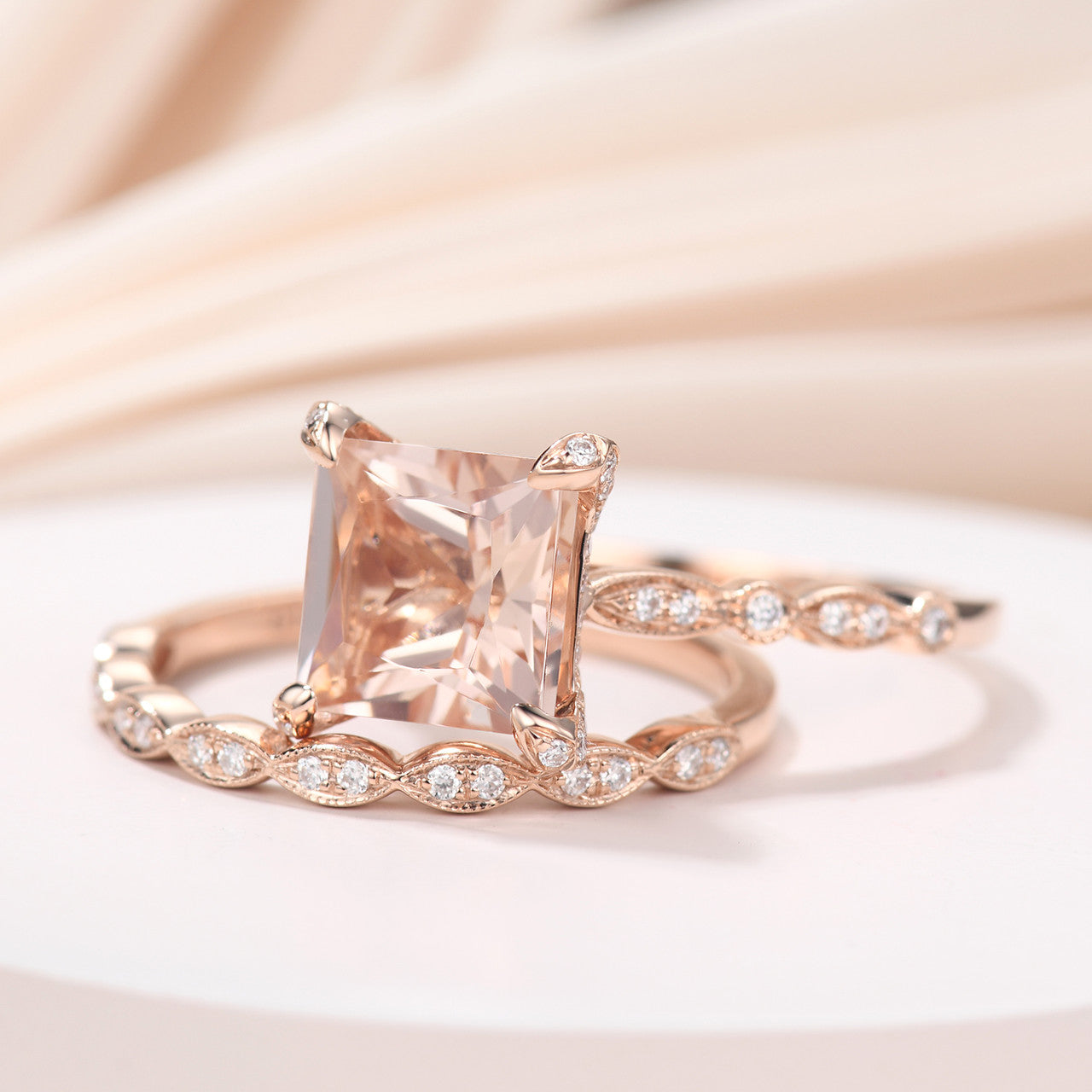 14K Rose Gold Princess Cut Morganite Hidden Diamond Halo Wedding Ring Set - Elegant Bridal Jewelry for Engagement, Proposal & Anniversary Gifts
