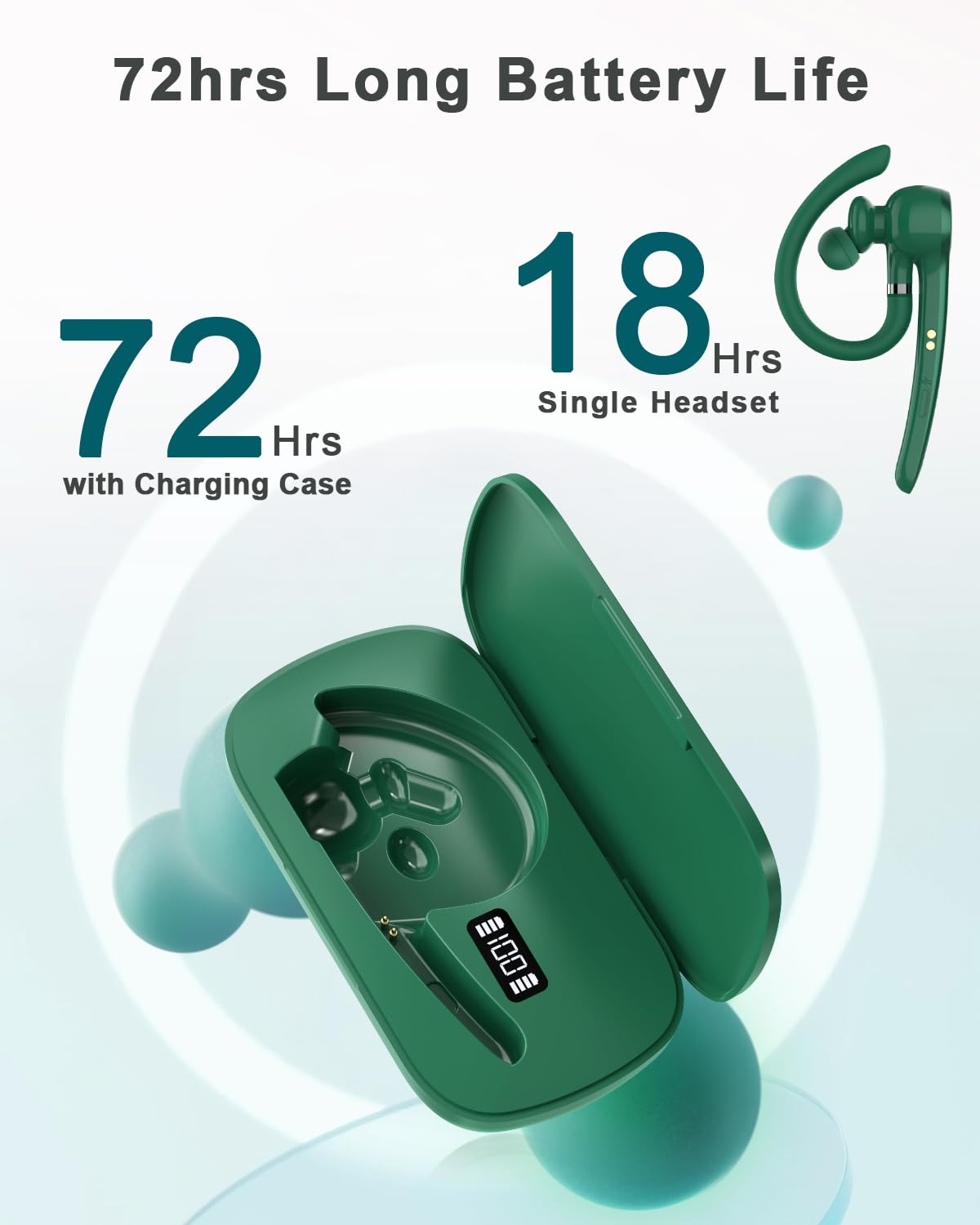 Wireless Bluetooth Headset with 500mAh Charging Case - 72H Talk Time, Built-in Mic for iPhone Android - Hands-Free Earpiece for Truck Drivers, Office Work, Commuting & Online Meetings (Green)