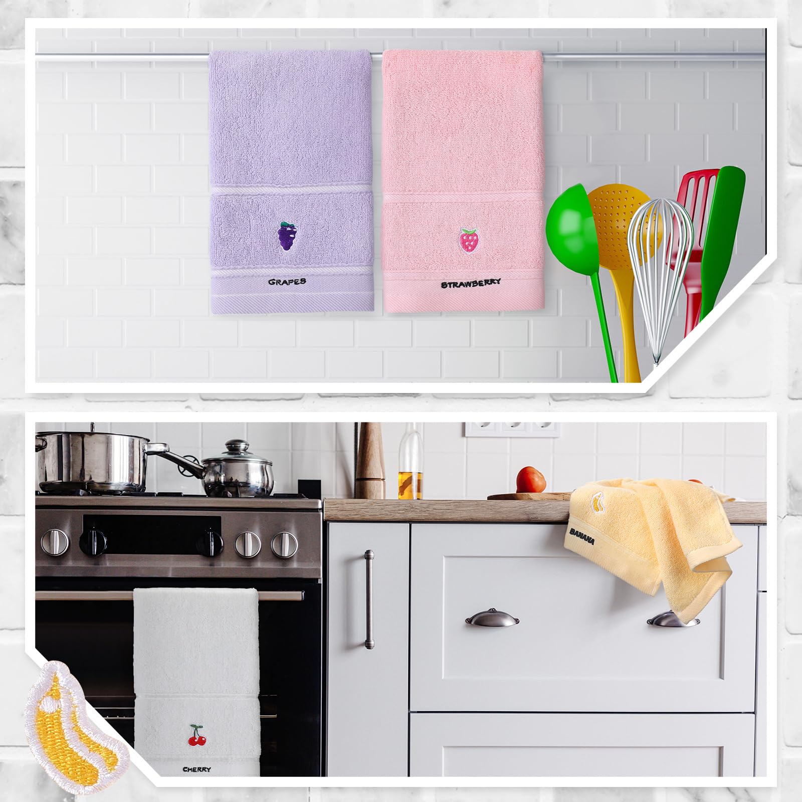 Geyoga 6-Piece Soft Absorbent Cotton Embroidery Hand Towels Set - Pastel Fruit & Animal Designs for Kitchen, Bathroom, Dish & Body Use - Perfect Christmas Home Decor Gift