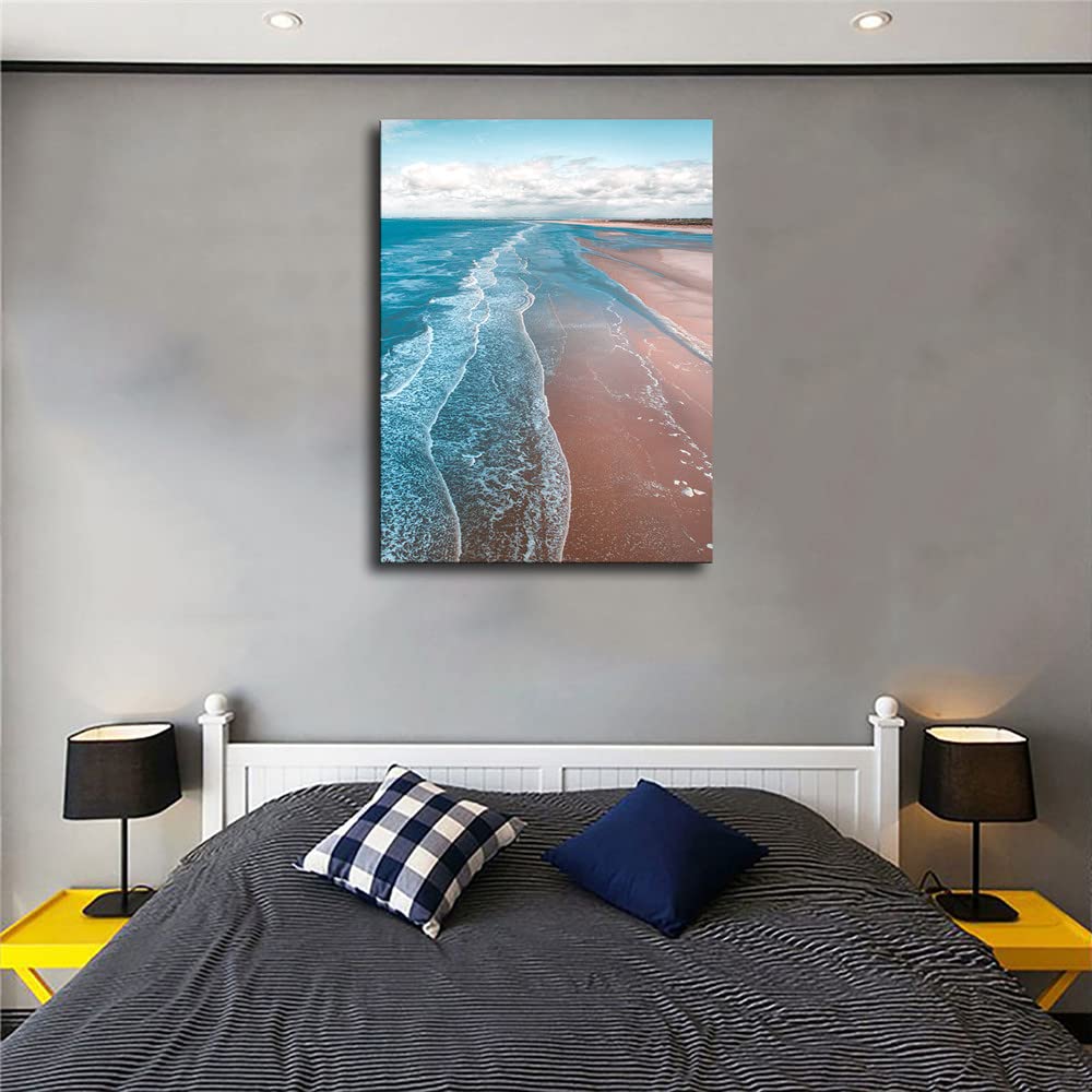 Blue Sea Sunset Beach Painting on Canvas - Framed Wall Art Decor (24x36 inch/60x90 cm) for Living Room, Bedroom & Office | Coastal Seascape Mural Prints