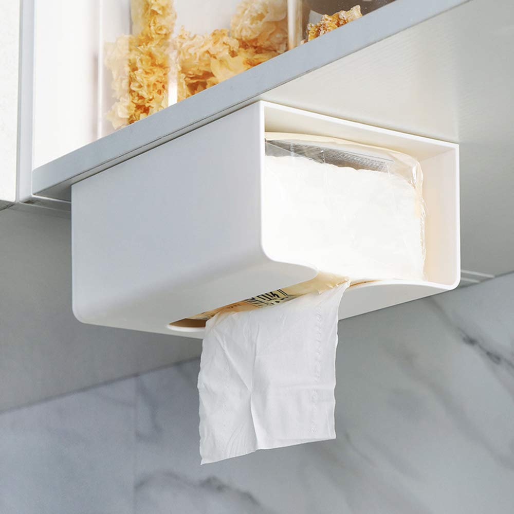 Self-Adhesive Wall Mounted Tissue Box Holder - Under Cabinet Kitchen Paper Storage Organizer, White - Perfect for Bathroom, Kitchen, Office & RV Use