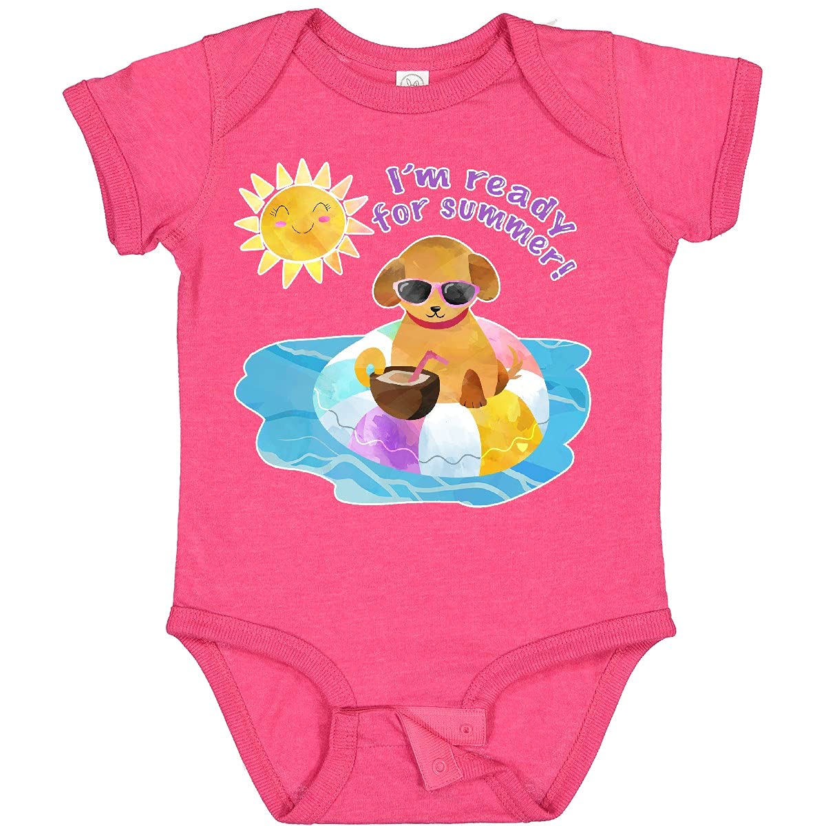 Inktastic 'I'm Ready for Summer' Cute Puppy in Pool with Drink Baby Bodysuit - Soft Cotton Onesie for Infants, Toddler Summer Outfits, Beach Vacation & Pool Party Baby Clothes