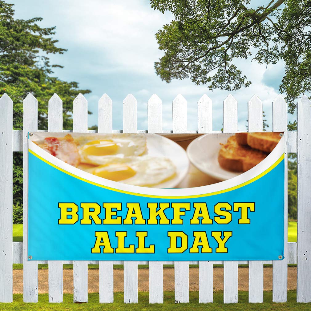 Custom Vinyl Banner 60x144 Inches - Weatherproof Outdoor Advertising Sign with 10 Grommets (Aqua-Blue) for Business, Yard, Events & Restaurants | All-Day Breakfast Promotion & Industrial Use