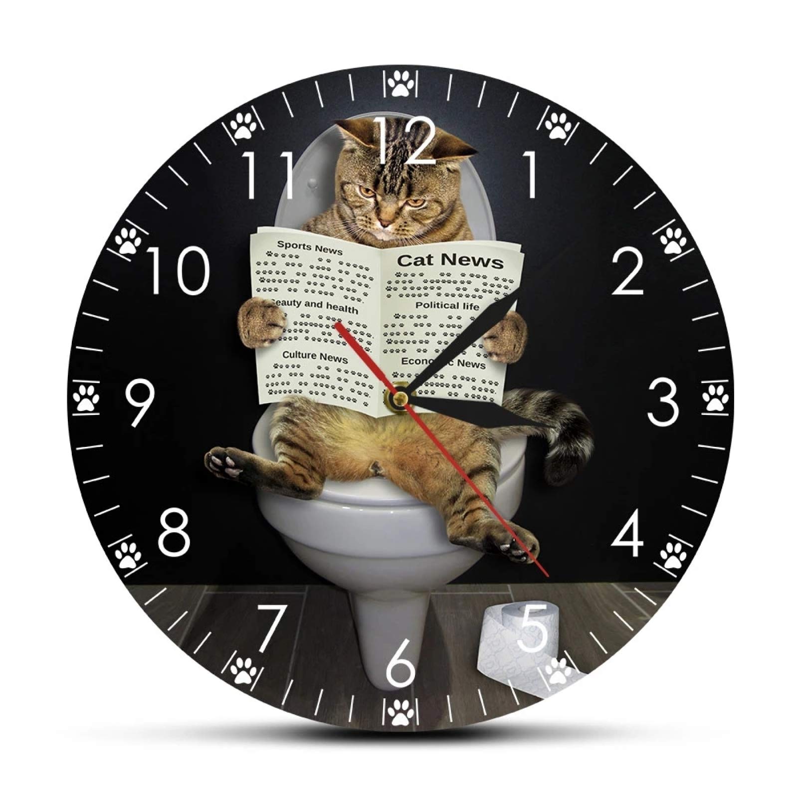 Funny Cat Wall Clock - Silent Non-Ticking Kitten on Toilet with Newspaper Design | Perfect Bathroom Decor, Bedroom Wall Art & Unique Gift for Cat Lovers | Ideal for Home, Office, or Pet-Themed Spaces