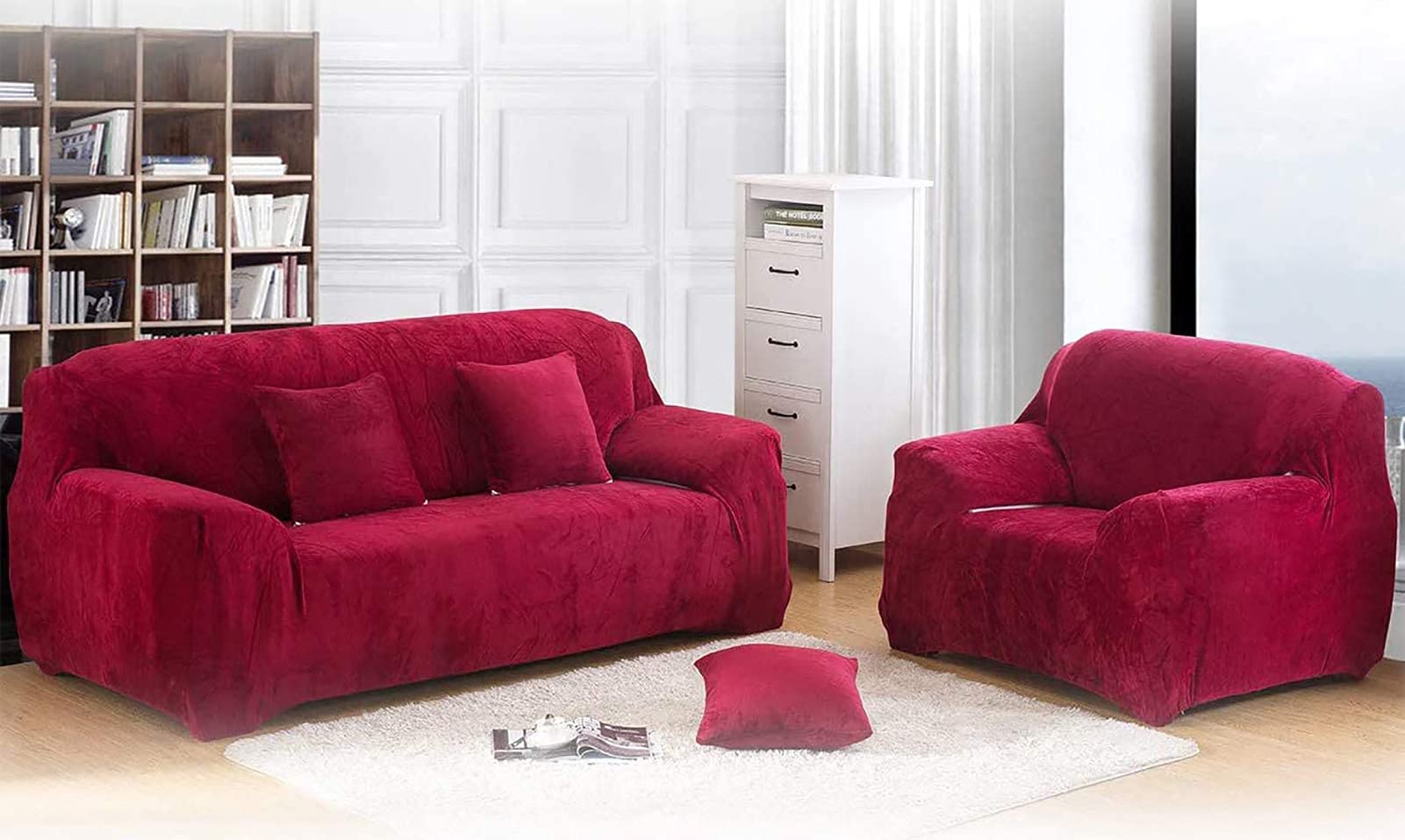 Stretch Velvet Sofa Slipcover for 1/2/3/4 Seater Couches - Thick Furniture Protector for Living Room, Wine Red (3-Seater) | Perfect for Home Decor, Pet Protection & Spill Resistance