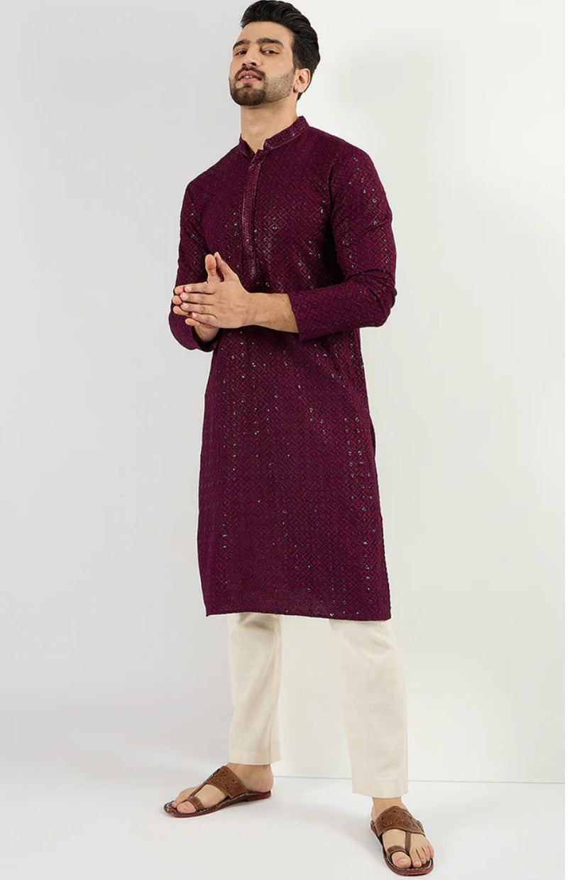 Men's Chikankari Kurta in Deep Maroon - Traditional Indian Embroidered Tunic for Casual Wear & Festive Occasions