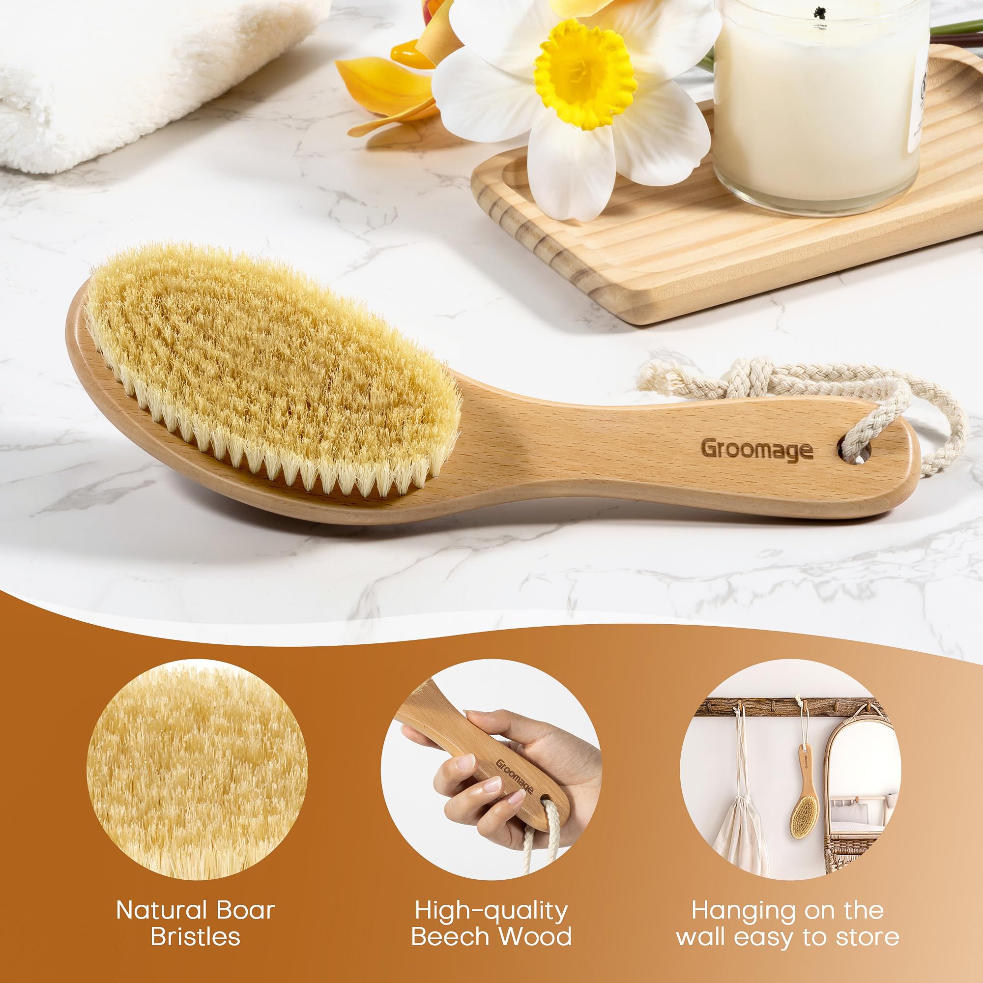Natural Bristle Dry Body Brush for Exfoliation & Lymphatic Drainage - Cellulite Reduction & Skin Care - Perfect for Spa, Shower & Self-Care Routine