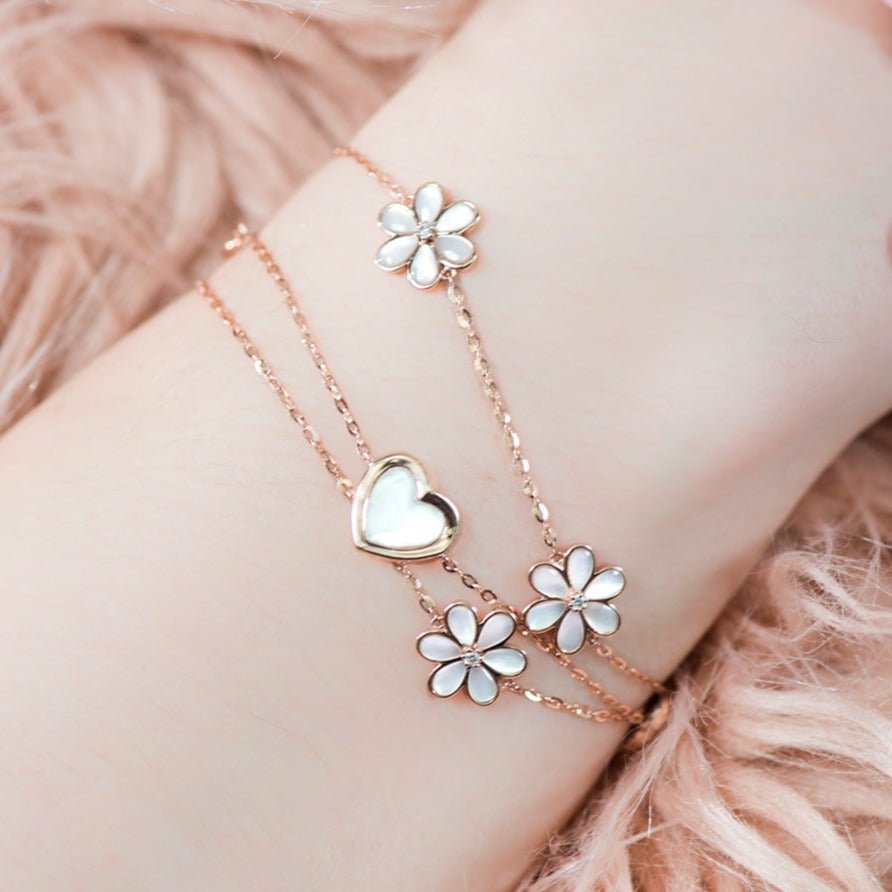 14K Rose Gold Mother of Pearl and Diamond Flower Bracelet for Women - Elegant Station Jewelry for Weddings, Parties & Special Occasions