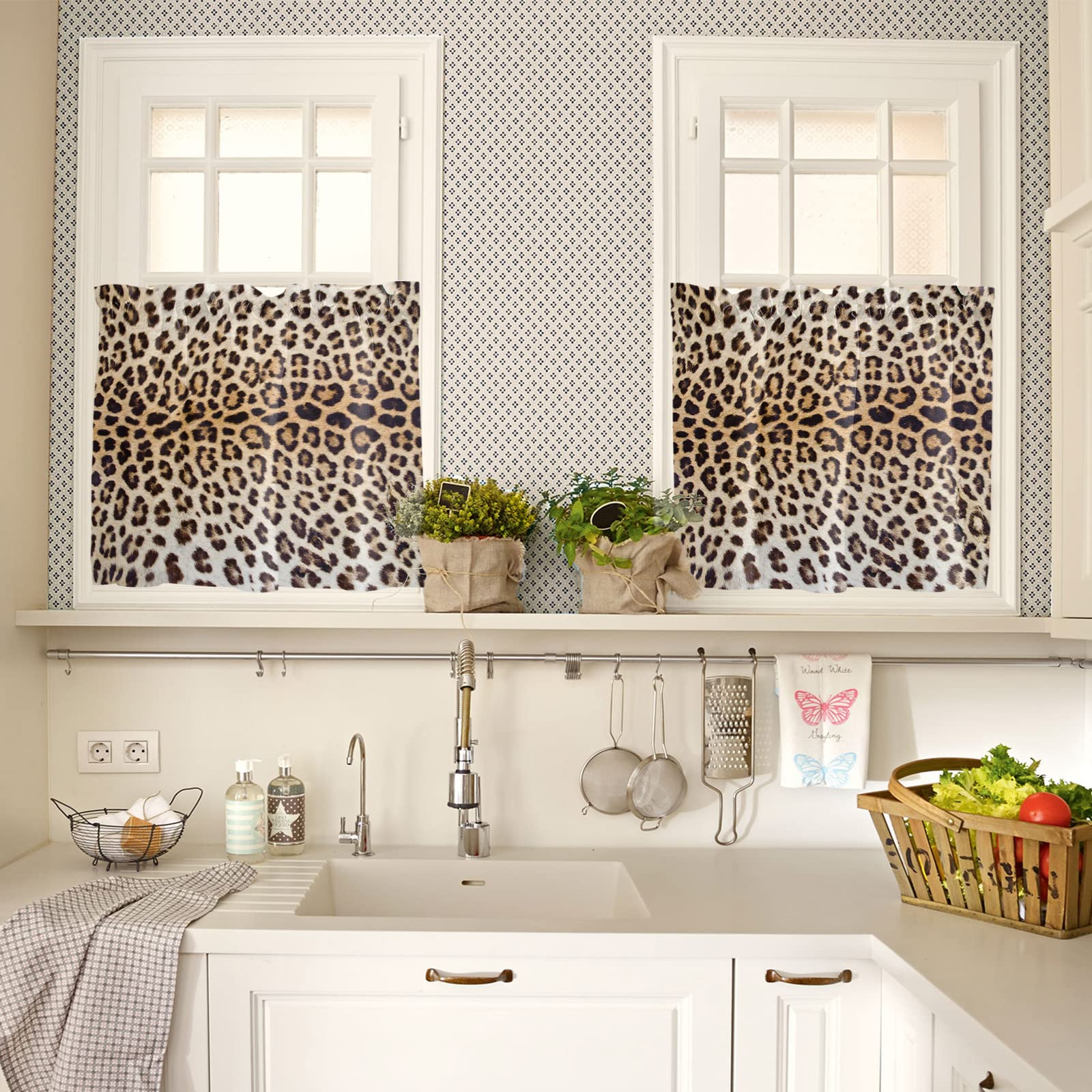 Leopard Print Tier Curtains for Kitchen & Living Room - Rod Pocket Window Valance, Light Filtering Short Curtain Panels (Set of 2) - African Cheetah Skin Texture for Bathroom & Cafe Decor - Perfect for Bedroom, Dorm & Apartment Windows