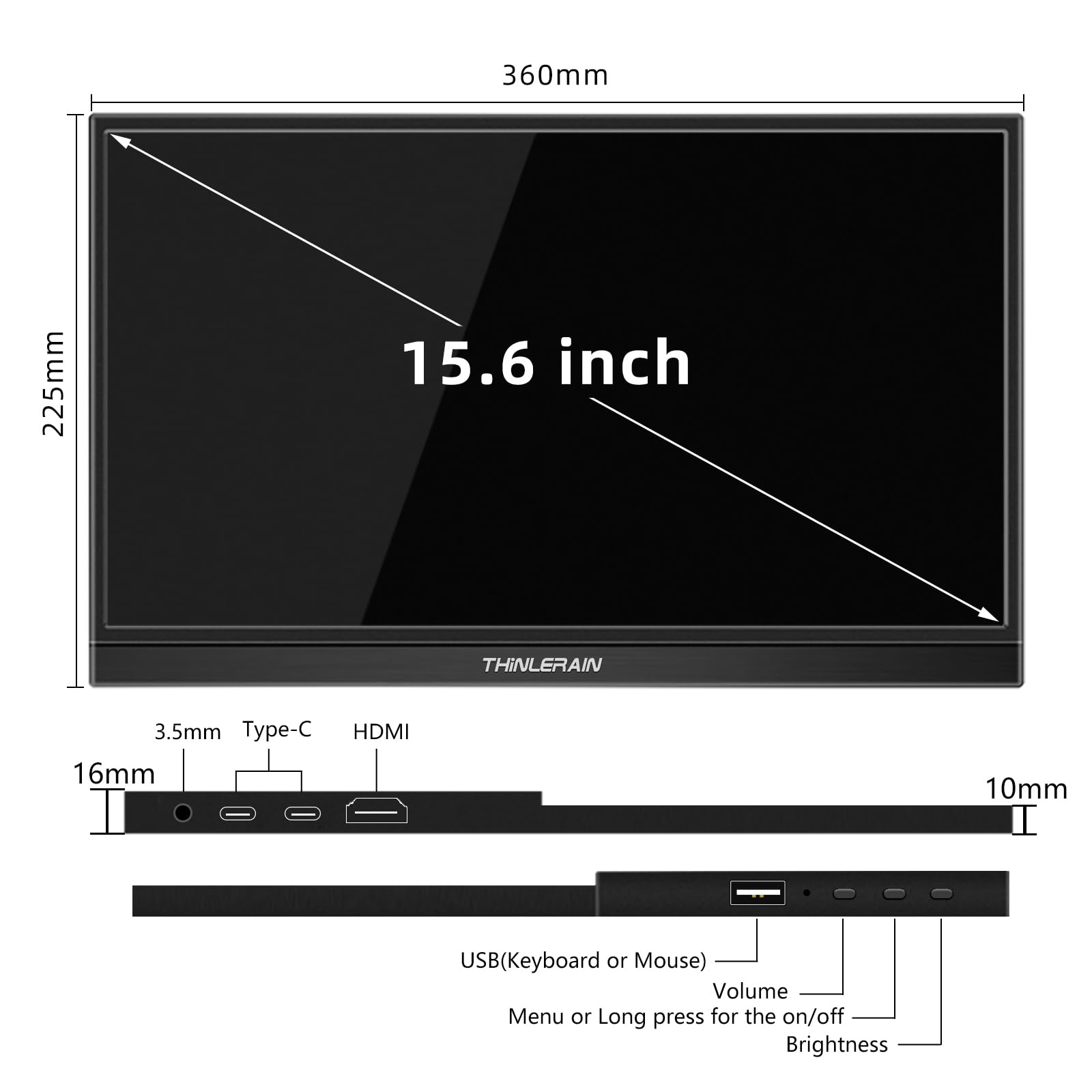 Thinlerain 15.6 Inch Portable Touch Screen Monitor - Full HD 1920x1080 IPS Display, USB-C & HDMI Connectivity for Laptop, PC, Smartphone - Travel Monitor for Windows 7/8/10 - Perfect for Business Travel, Home Office & Gaming Setup