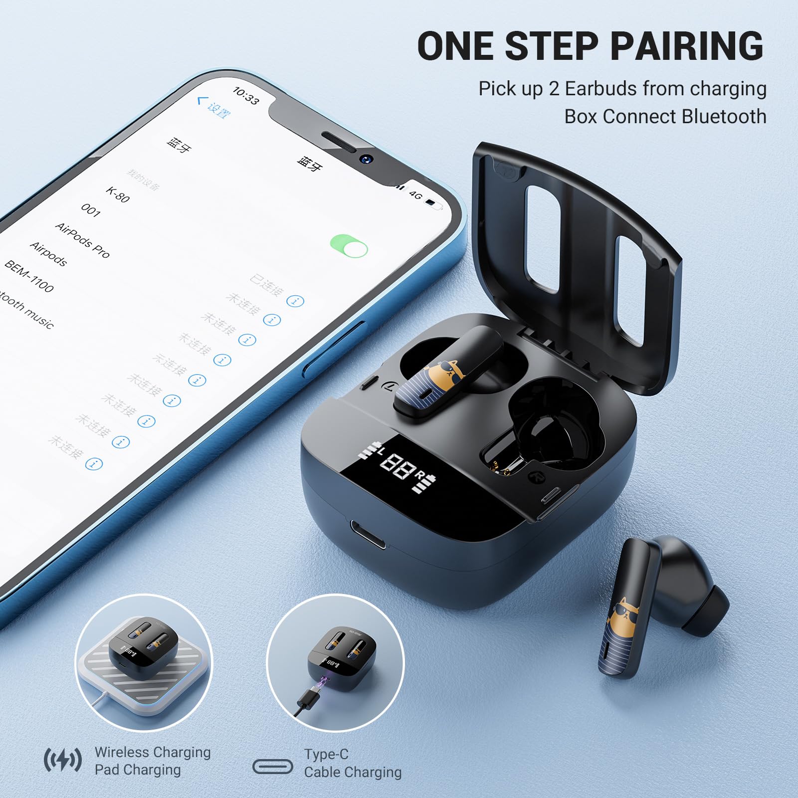 Wireless Bluetooth 5.3 Earbuds with Charging Case, Lightweight Stereo Headphones with Mic for iPhone Android, True Wireless Earphones for Calls Music Gym Running Travel - Black