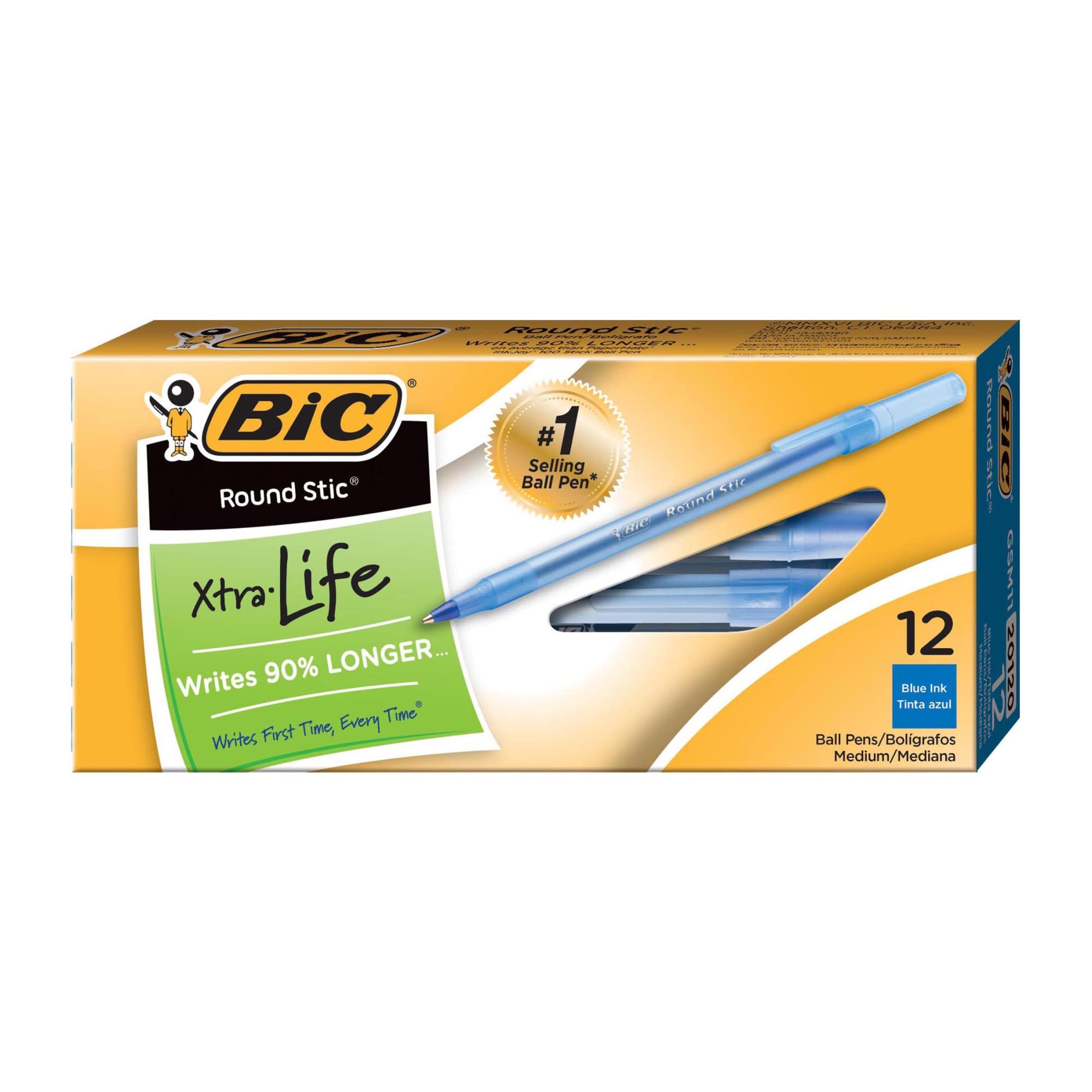 BIC Round Stic Xtra Life Blue Ballpoint Pens - 12-Pack Bulk Pens, Medium Point (1.0mm), Comfortable Grip for Smooth Writing - Perfect for Office, School & Home Use - #1 Best Selling Ballpoint Pens