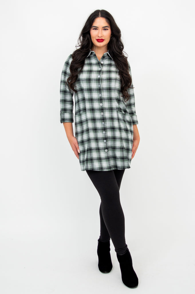 Larissa Women's Cotton Tunic Top - Mint Plaid Print - Casual Loose Fit Blouse for Work, Travel & Everyday Wear