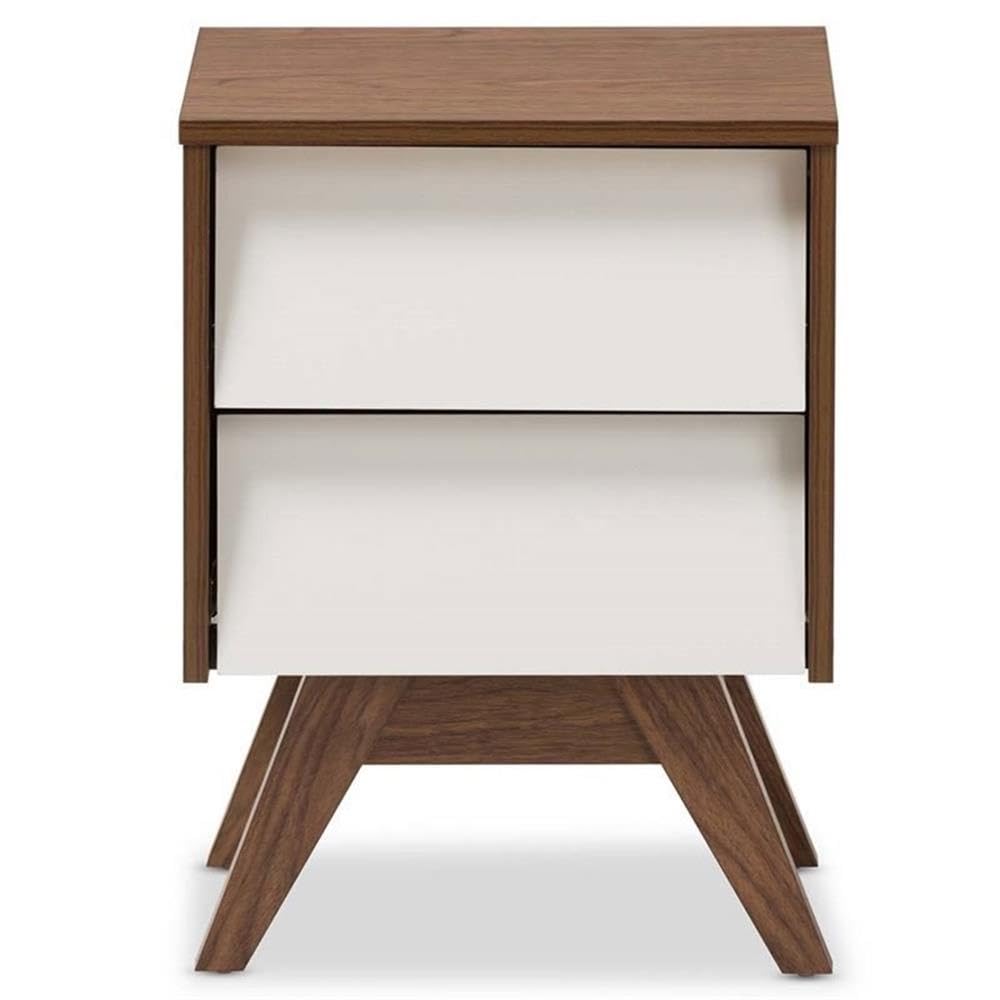 MAKLAINE Modern 2-Drawer Nightstand - White & Walnut Brown Wood Bedside Table with Storage for Bedroom, Living Room, or Office