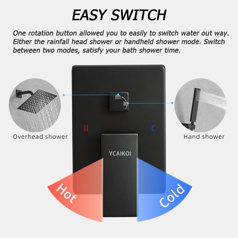 Premium Matte Black Shower System - 8 Inch High Pressure Rainfall Showerhead with Handheld Sprayer | Wall Mounted Bathroom Faucet Set with Rough-in Valve & Trim Kit | Perfect for Master Bath, Spa-Like Experience & Modern Home Renovation