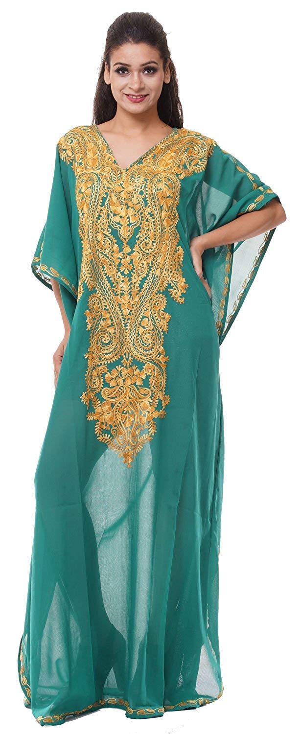 Odishabazaar Georgette Kashmiri Aari Embroidered Designer Kaftan Dress - Elegant Beach Cover Up for Women, Perfect for Vacation, Poolside, and Summer Outings