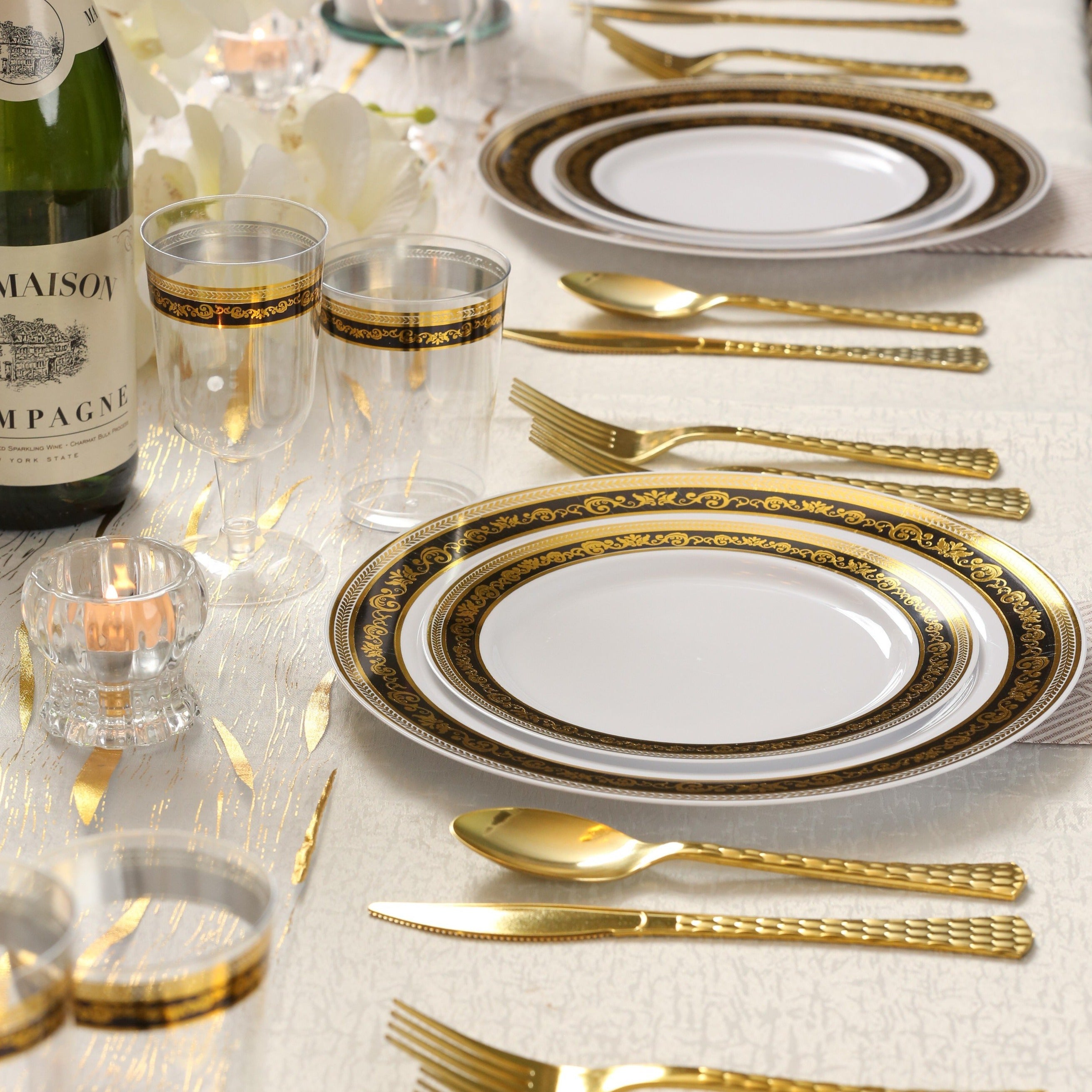Elegant Black and Gold Round Plastic Plates - Royal Collection - Perfect for Parties, Weddings, and Formal Events