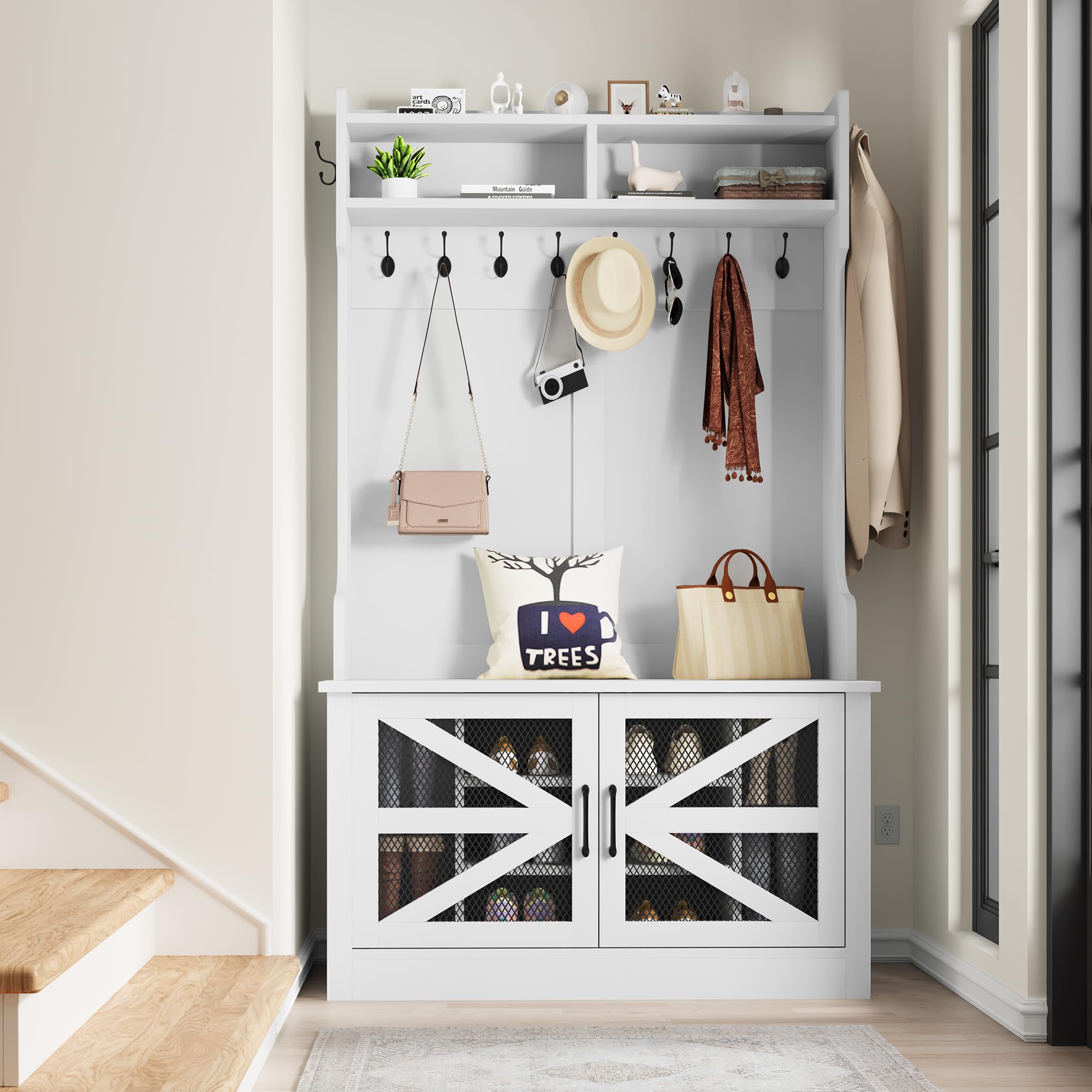 Farmhouse Hall Tree with Coat Rack & Shoe Storage - White Entryway Bench for Hallway Organization | Perfect for Mudroom, Foyer & Home Entry Decor