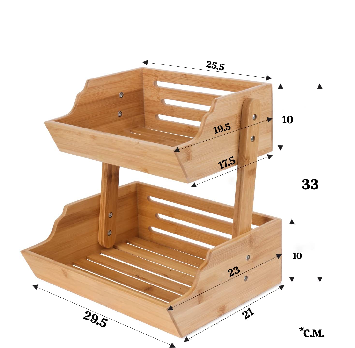 2-Tier Wooden Fruit Basket for Kitchen - Organizer for Bread, Vegetables, Snacks & Food - Free Stand & Wall Mount - Perfect for Pantry, Dining Room & Countertop Storage