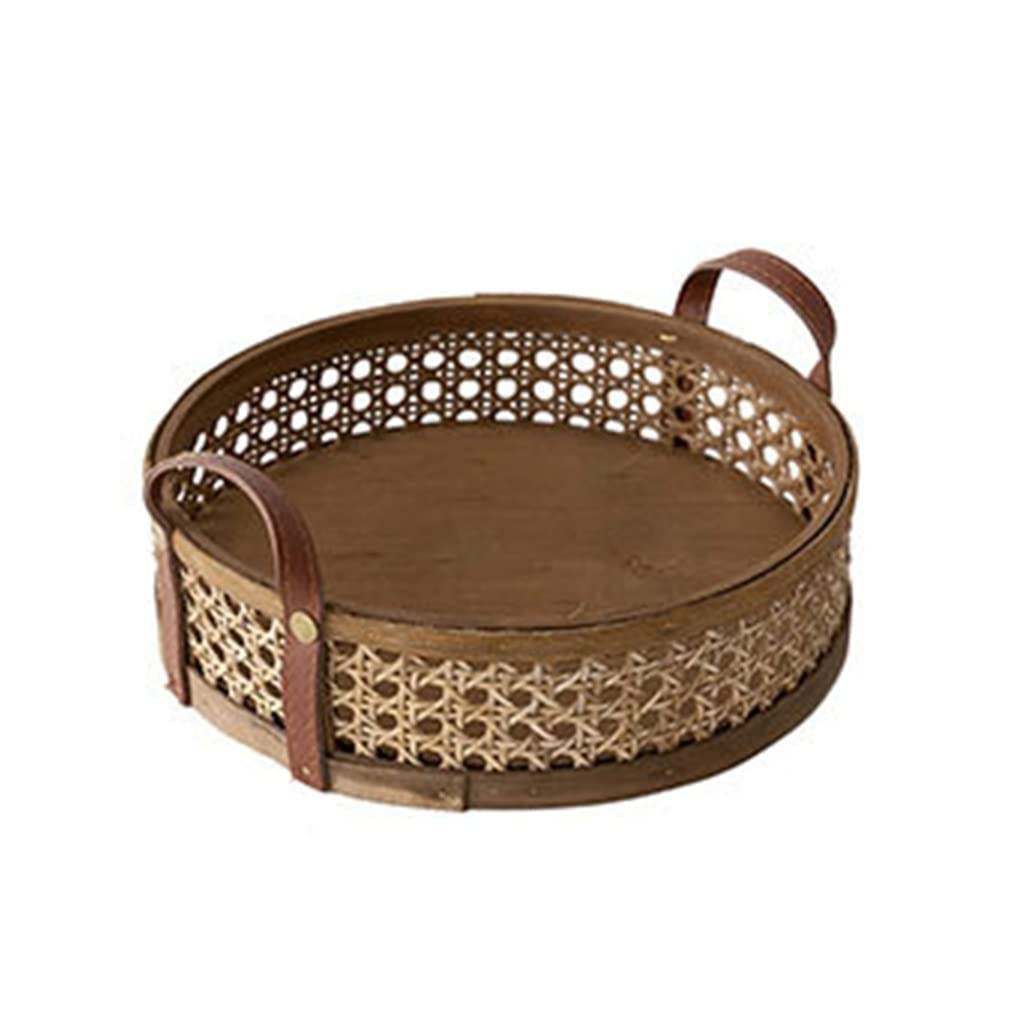 Hand-Woven Round Rattan Storage Basket - Natural Wicker Fruit & Snack Serving Tray with Leather Handle - 9.5