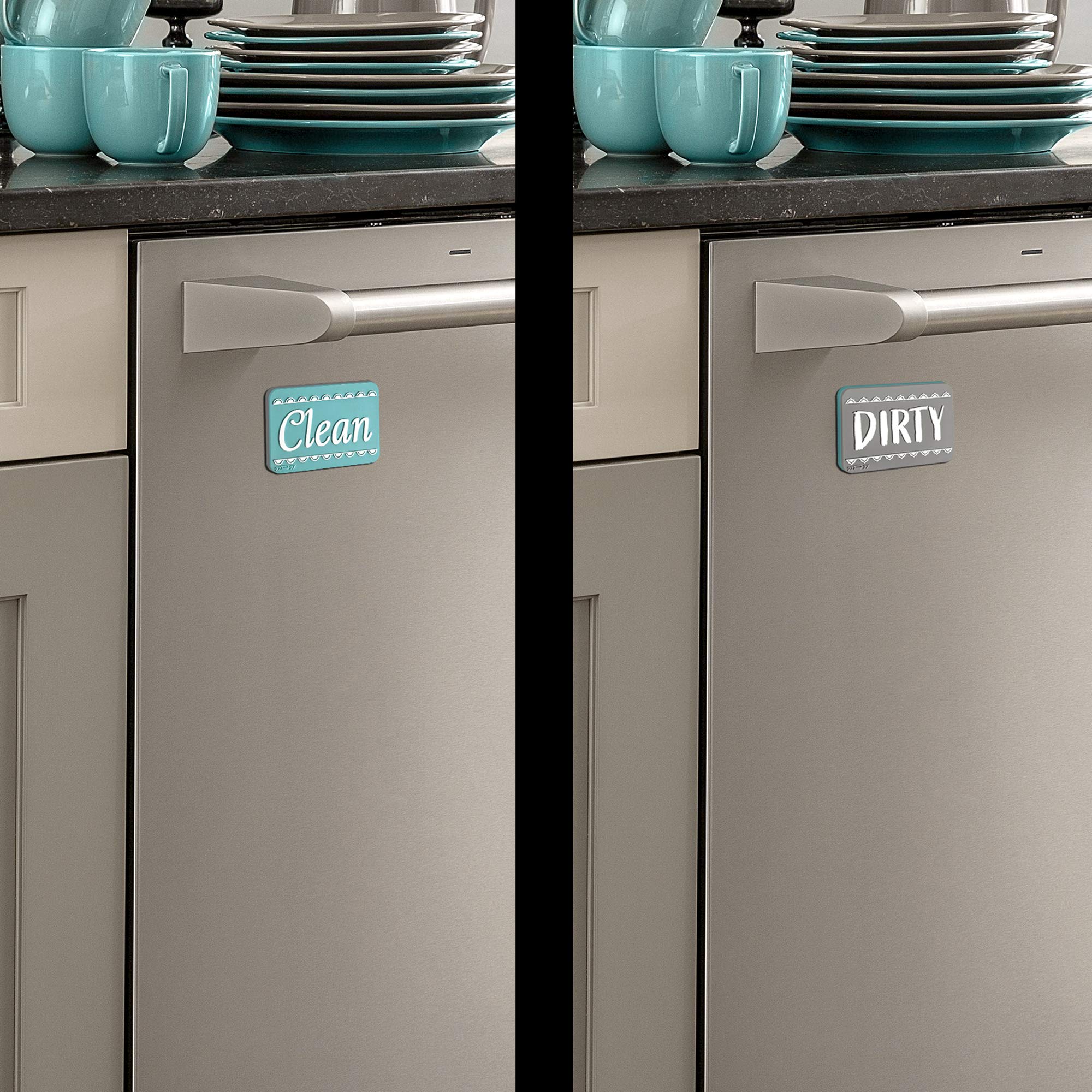 Double Sided Aquamarine Silver Dishwasher Magnet Sign - Strong Universal Non-Scratch Indicator for Clean/Dirty Dishes - Kitchen Safe, Waterproof & Reversible - Perfect for Home, Office, and Restaurant Use