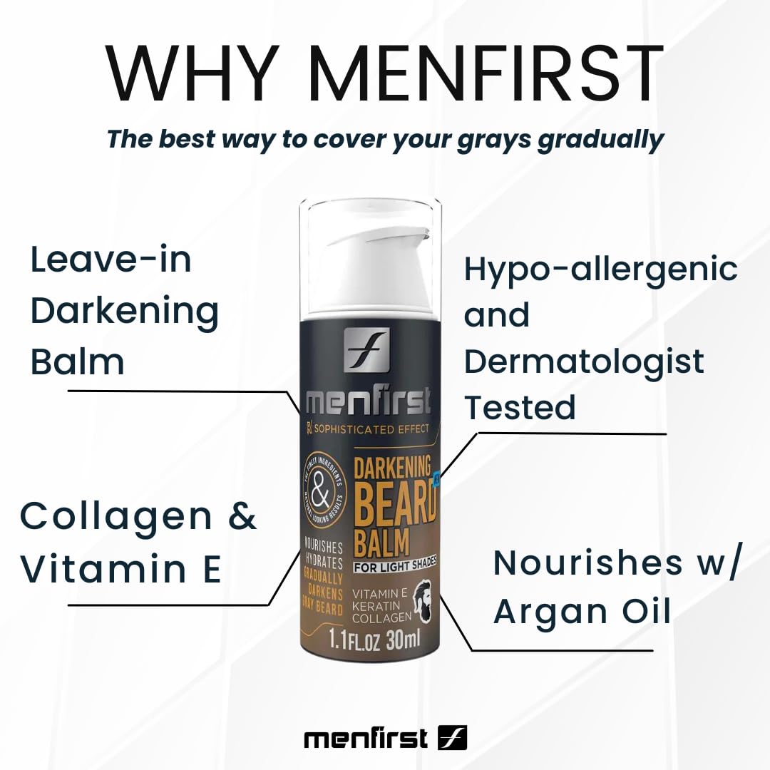 MenFirst Darkening Beard Balm for Sensitive Skin – Gradually Covers & Darkens White Hair, Leave-In Conditioner for Blonde & Light Brown Beards with Keratin, Collagen & Vitamin E (1.1 Fl Oz) – Perfect for Daily Grooming & Styling