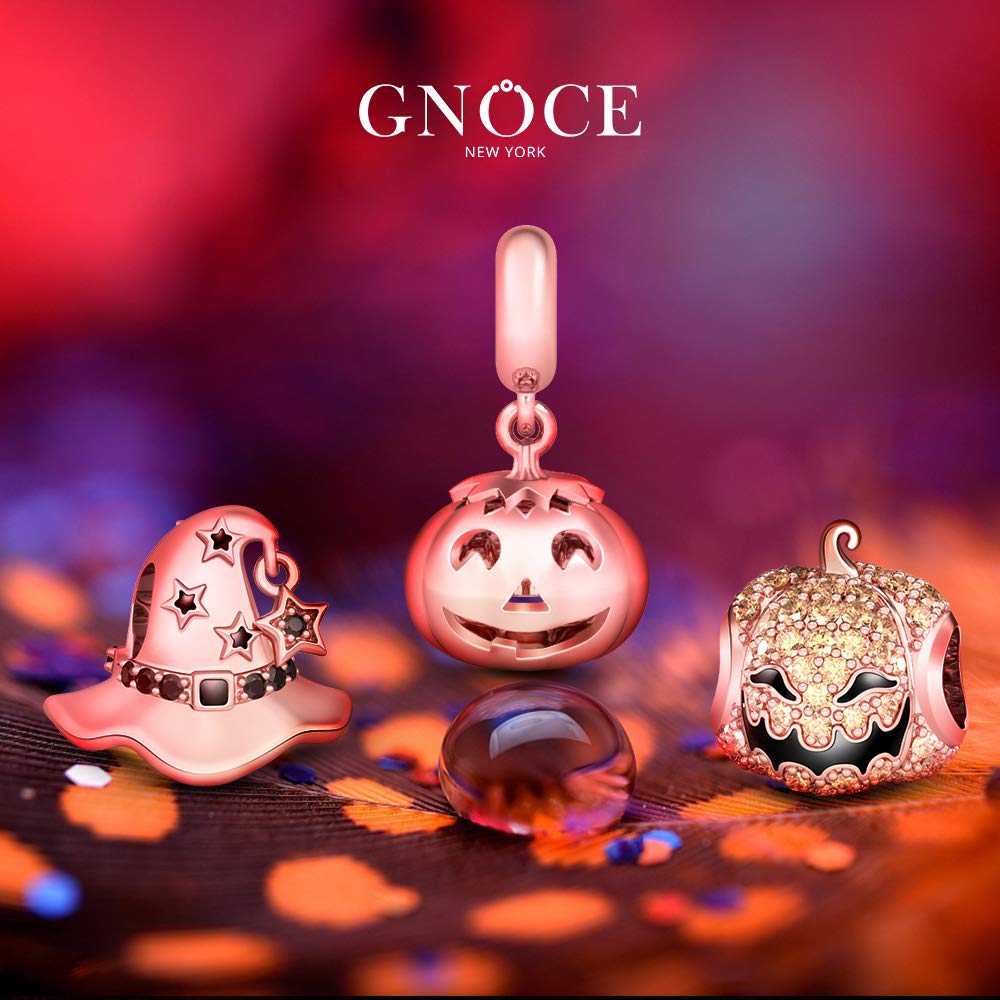 GNOCE 3-Piece Sterling Silver Halloween Charm Set - Pumpkin Lantern & Witch Hat Charms for Jewelry Making, Bracelets & Necklaces | Perfect for DIY Crafts, Halloween Costumes & Party Favors