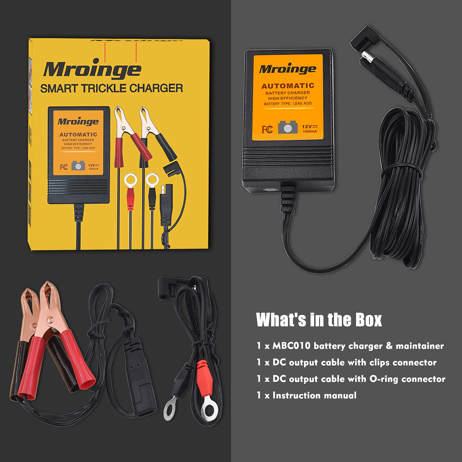 12V 1000mA Smart Trickle Battery Charger & Maintainer - Automatic Float Charger for Motorcycle, ATV, Lawn Mower, Boat, RV - Ideal for Winter Storage & Long-Term Battery Maintenance