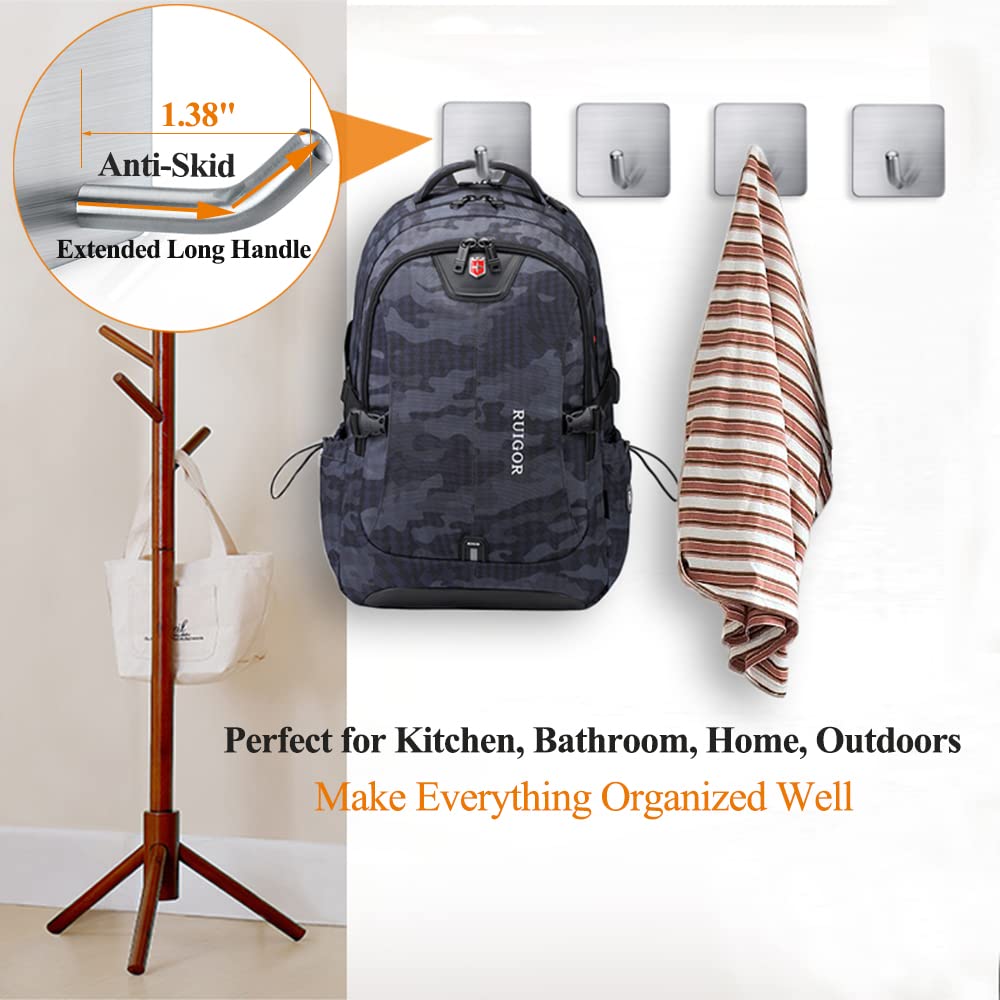 Heavy Duty Stainless Steel Adhesive Towel Hooks - 4 Pack Waterproof Wall Mount Hooks for Bathroom, Shower, Bedroom - Perfect for Hanging Towels, Robes, Coats, Hats - Strong Stick-On Design No Drilling Needed