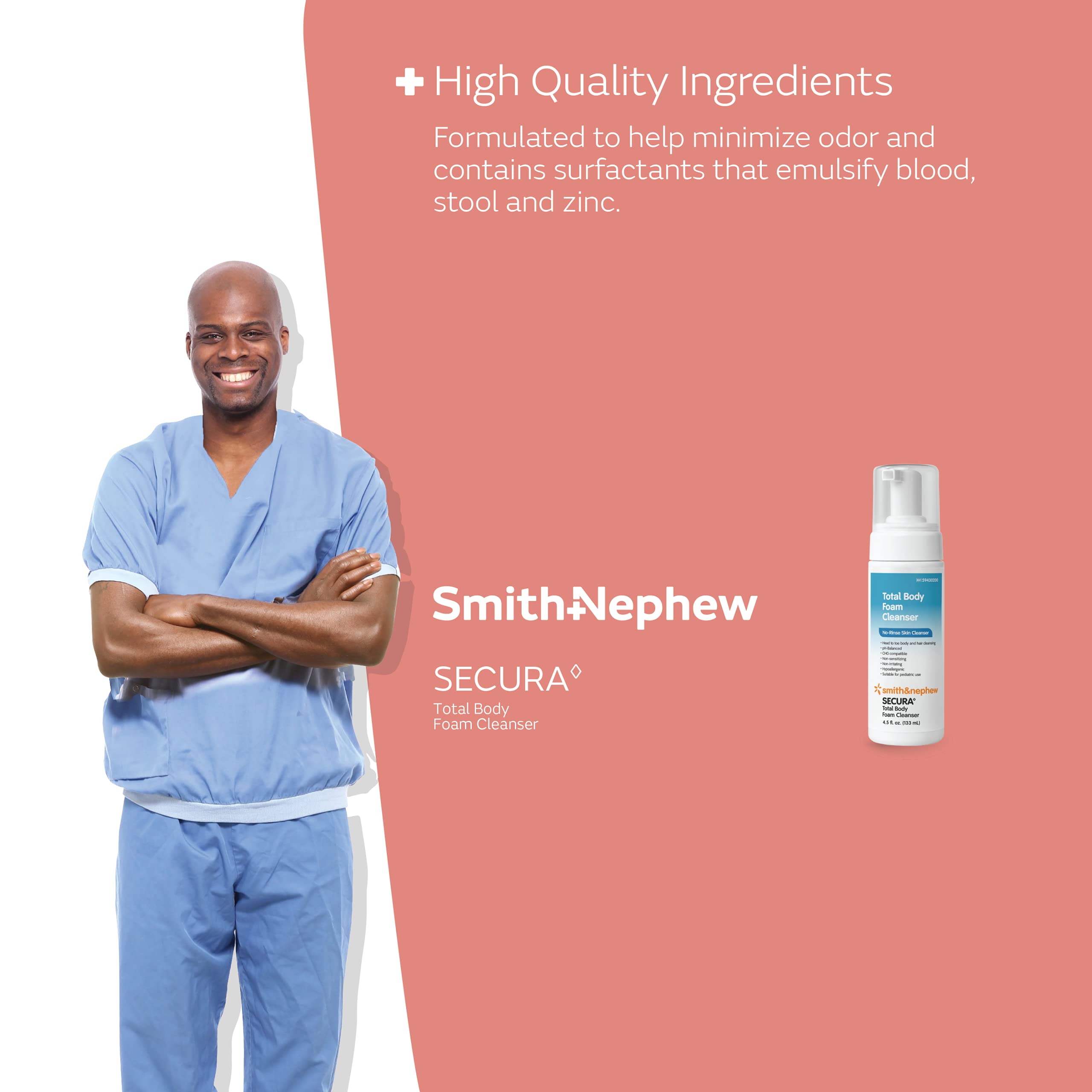 Smith & Nephew SECURA Total Body Foam Cleanser - Waterless Foaming Body Wash for Sensitive Skin, 4.5 oz | Gentle No-Rinse Cleansing for Bedridden Patients & Post-Surgery Care