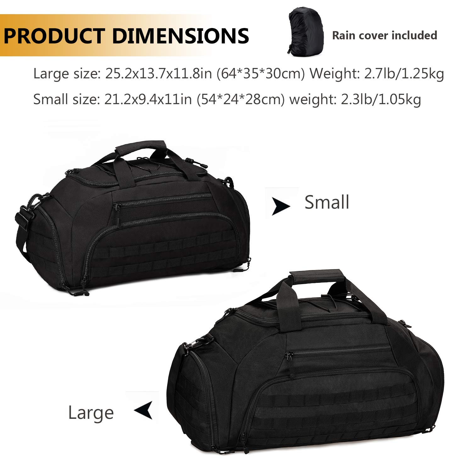 Tactical Duffle Bag 35L - Military MOLLE Gym Backpack for Men, Waterproof Travel Luggage with Rain Cover & Patch - Ideal for Camping, Hiking, Outdoor Sports & Gym Workouts (Black)