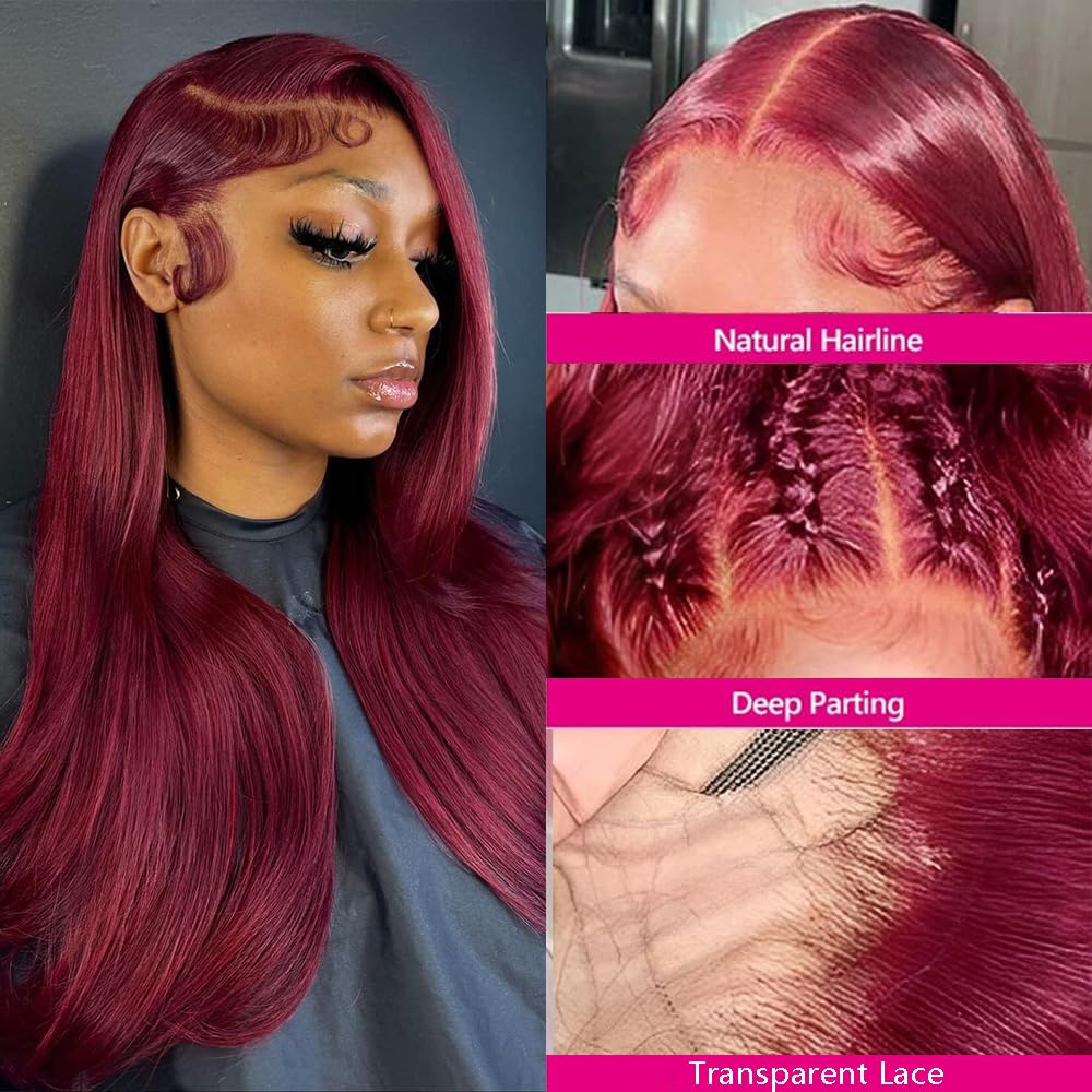 99J Burgundy Lace Front Wigs Human Hair 13x4 Straight Lace Frontal Wigs - Pre Plucked Wine Red Colored 30 Inch 180% Density Wigs for Women | Perfect for Parties, Weddings, Cosplay & Daily Wear
