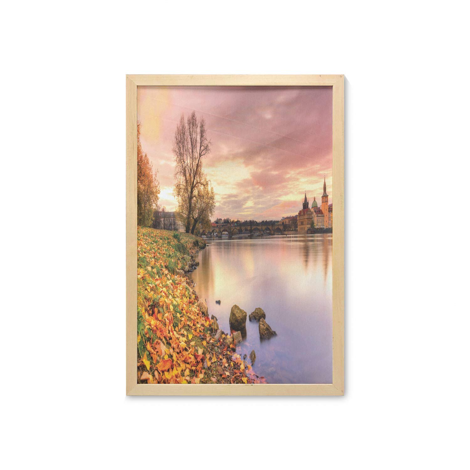 Ambesonne Bohemian Gothic Landscape Wall Art with Frame - Old Town River Scenery in Fall Sunset Colors, 23