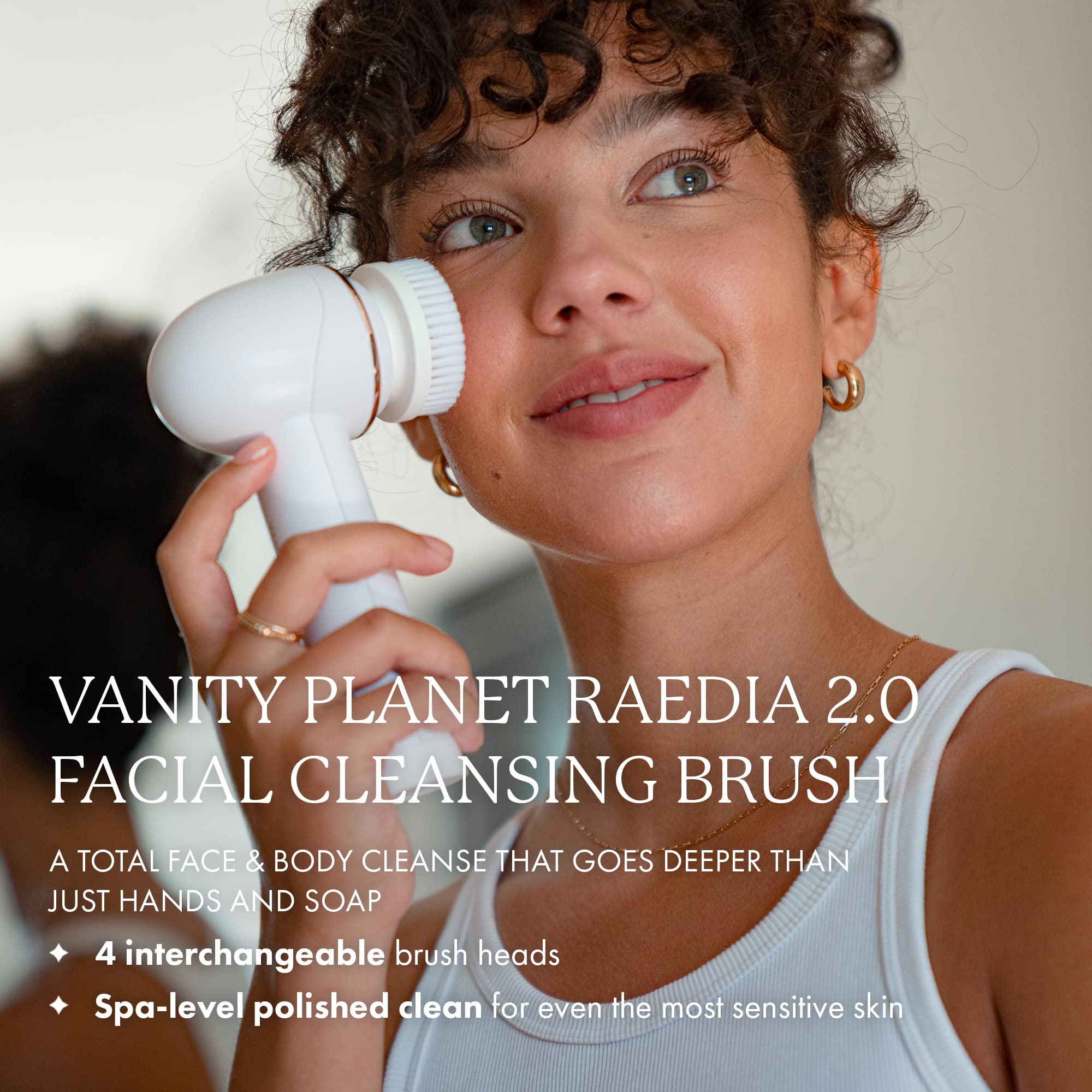 Vanity Planet Raedia 2.0 Facial Cleansing Brush with 4 Interchangeable Brush Heads - White Silicone Exfoliating Face Brush for Glowing Skin & Acne Treatment - Waterproof & Lightweight Body Brush for Daily Skincare Routine - Perfect for Travel, Spa & Home Use