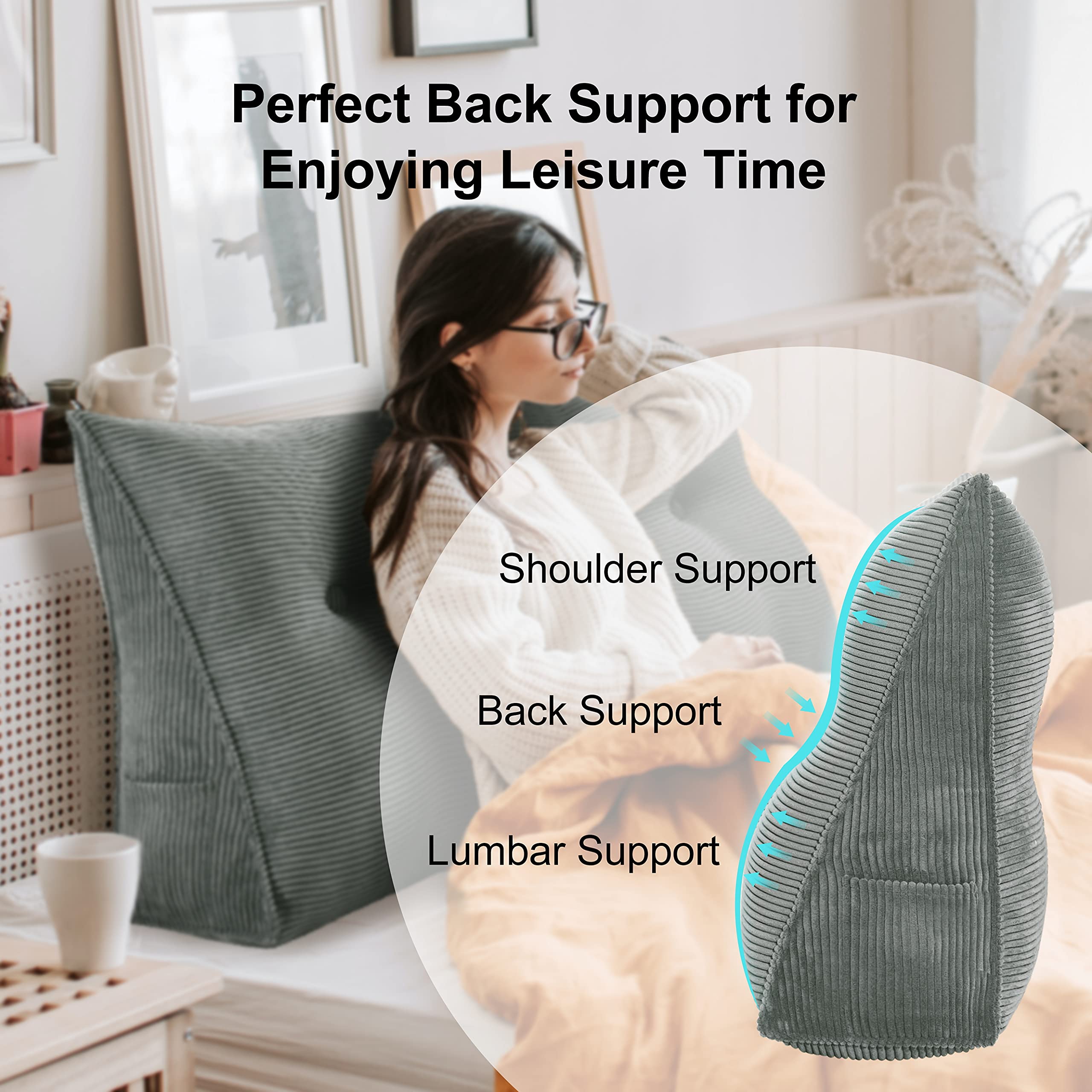 WOWMAX Wedge Body Pillow for Reading & Bedrest - Large Lumbar Support Cushion with Removable Corduroy Cover (Grey, 59x8x20 Inch) - Perfect for Daybeds, Sofas & Back Pain Relief