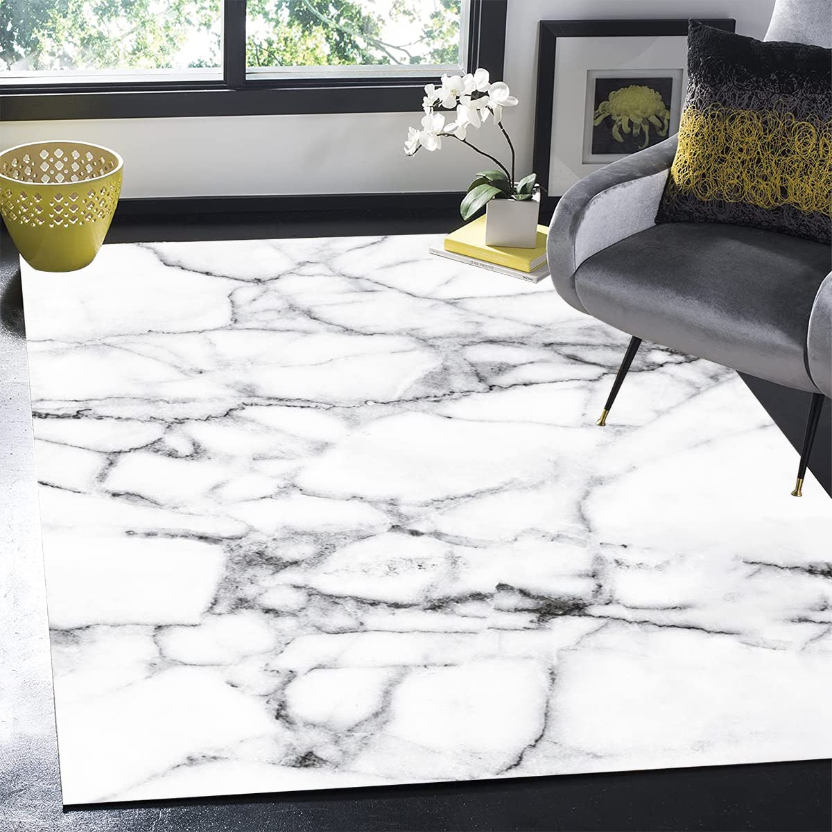 Modern Abstract Marble Pattern Washable Area Rug - Soft White & Grey Vintage Carpet for Living Room, Bedroom, Office (6x8 ft) | Durable Indoor Floor Mat for Dining Table, Kitchen, Hallway | Perfect for Home Decor & Accent